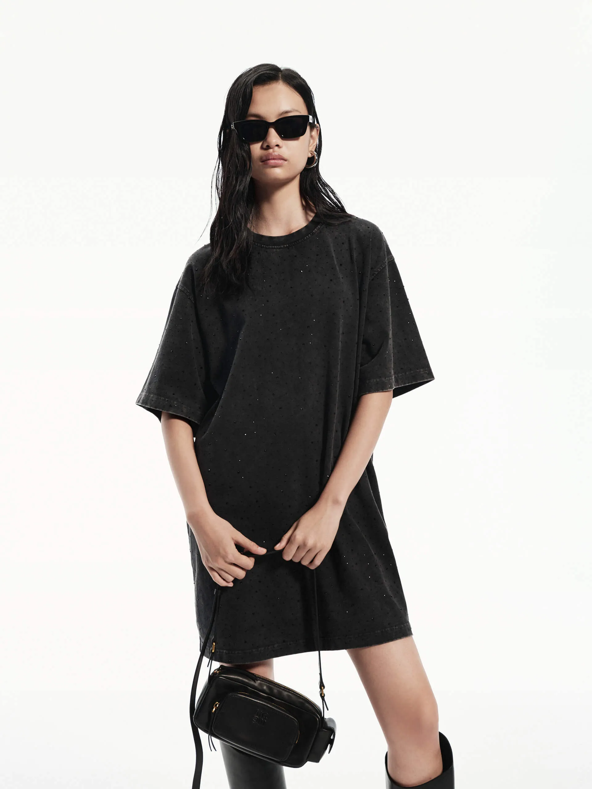 Rhinestone Detail Tee Dress Street Ready Look Shine Edge