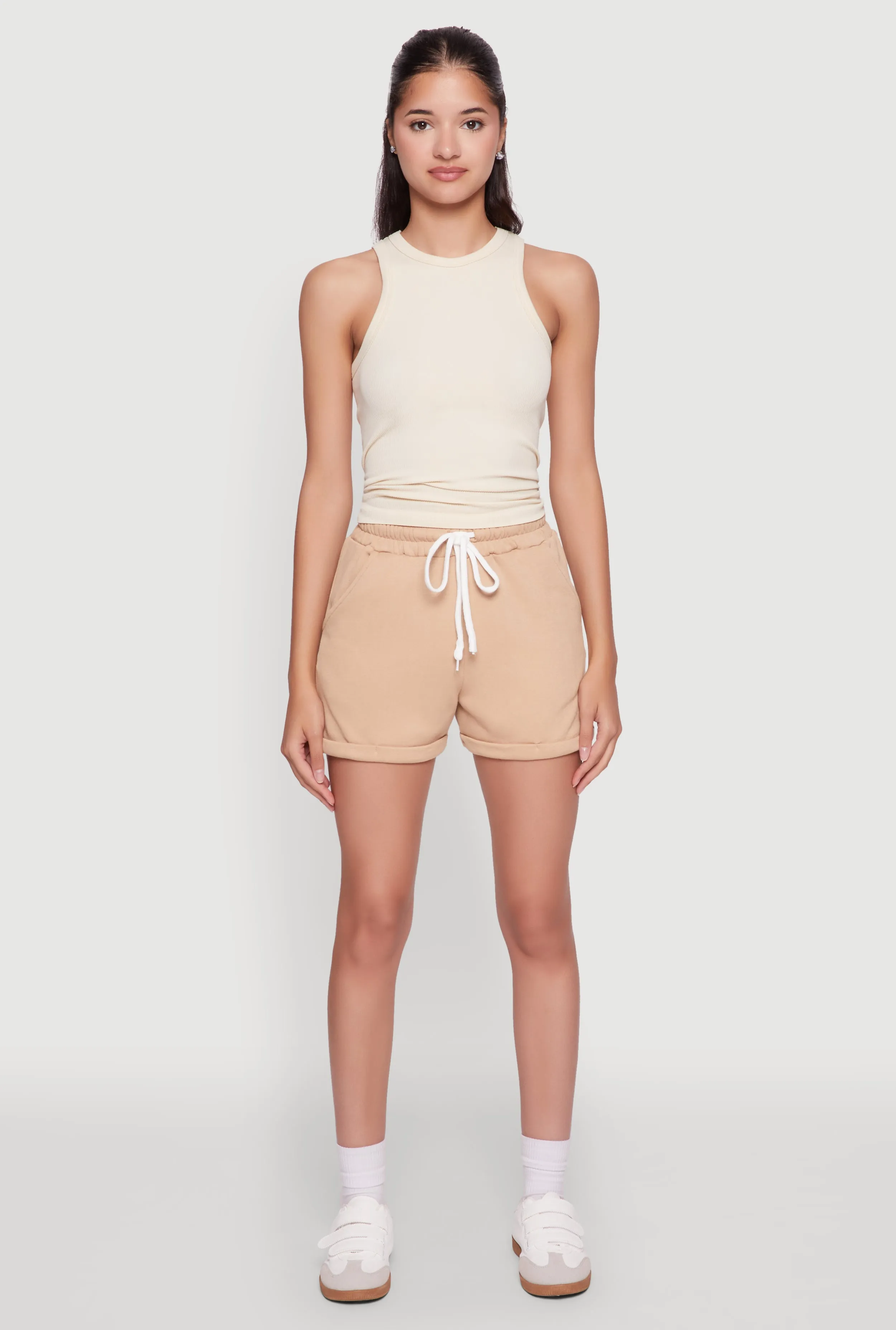 Chic Drawstring High Waisted Sweatshorts with Fixed Cuffs Active Ready school wear