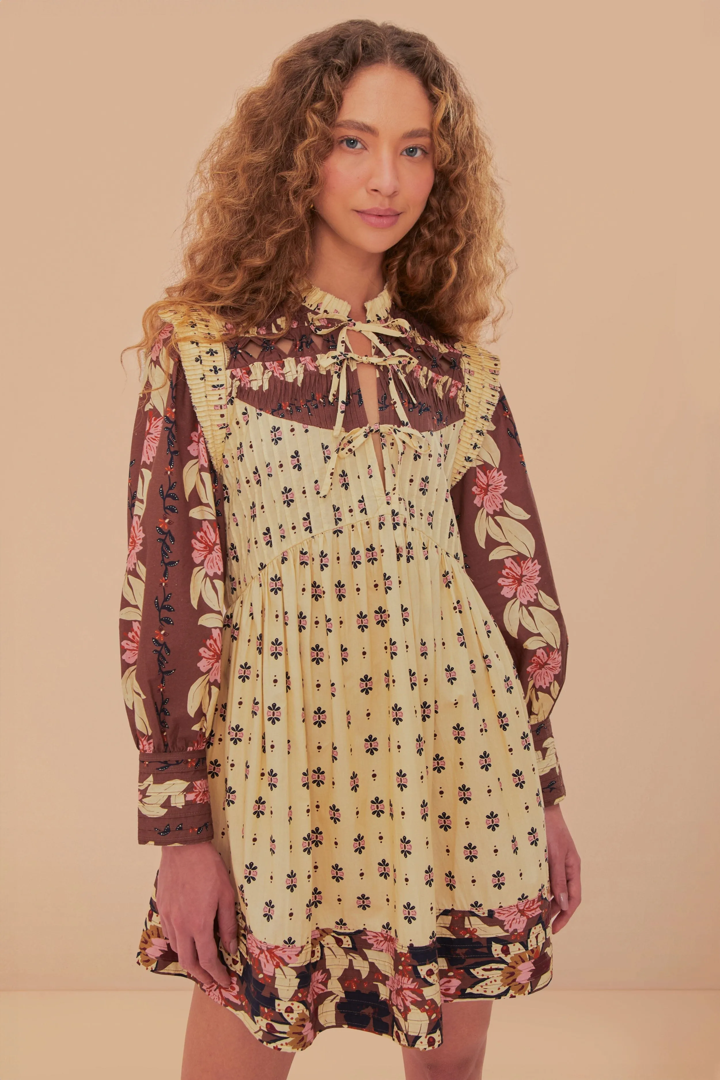 Model Off Eco Dye Ainika Maxi Floral Cream Open Yoke Mini Dress