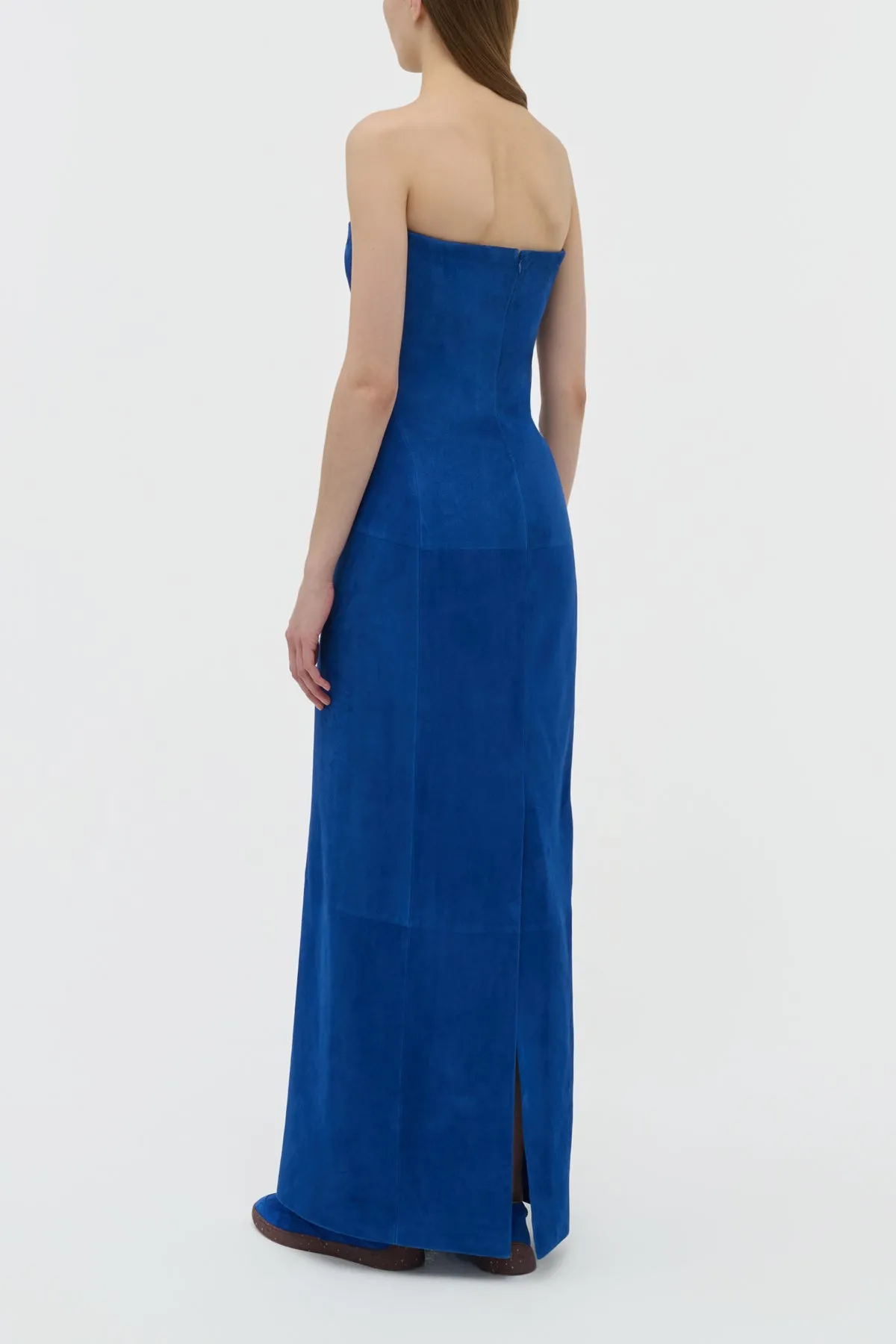 FlexibleNeckline Ivara Strapless Maxi Dress in Cobalt Suede