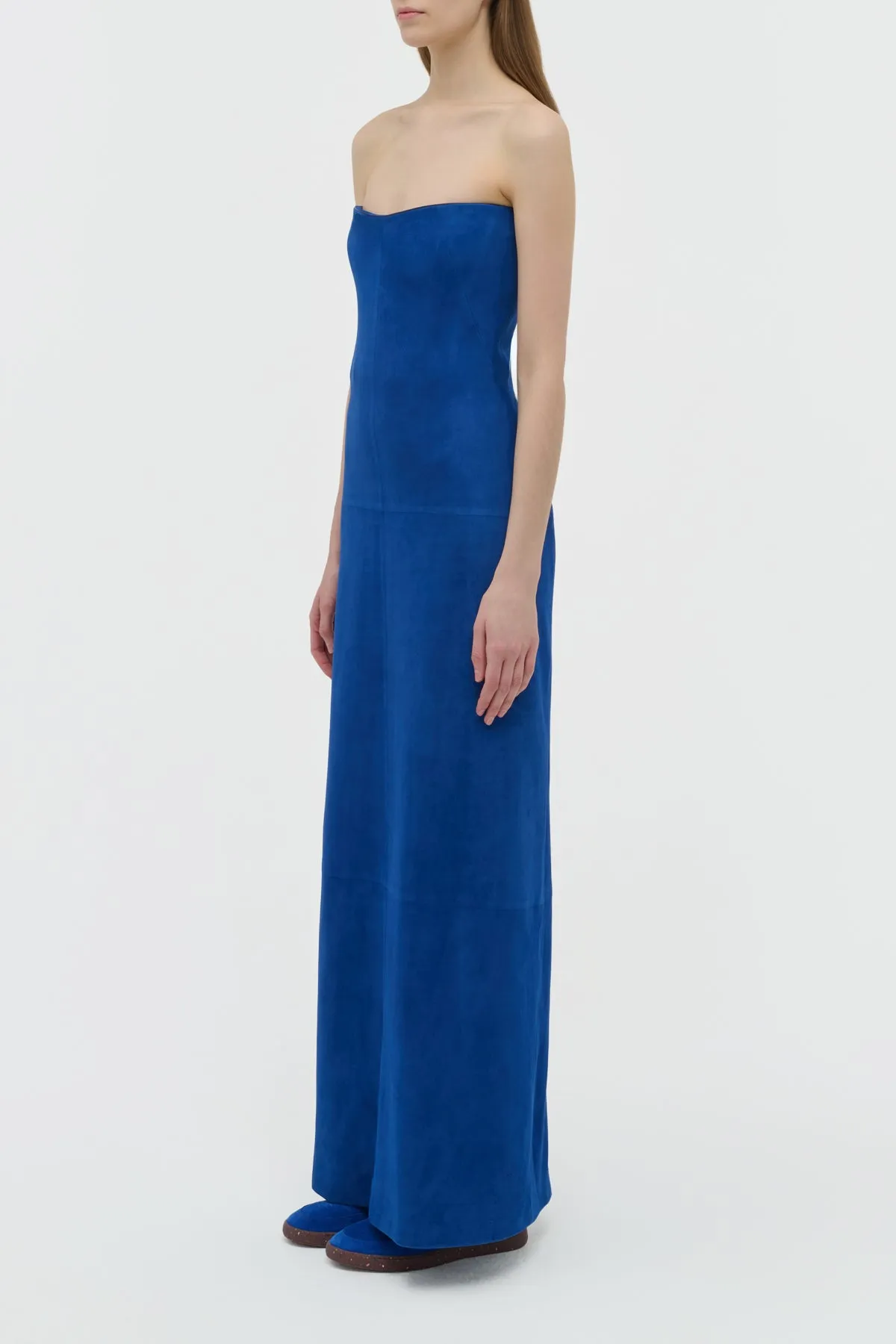 Ivara Strapless Maxi Dress in Cobalt Suede WrinkleResistantFabric Ventilated Back Panels