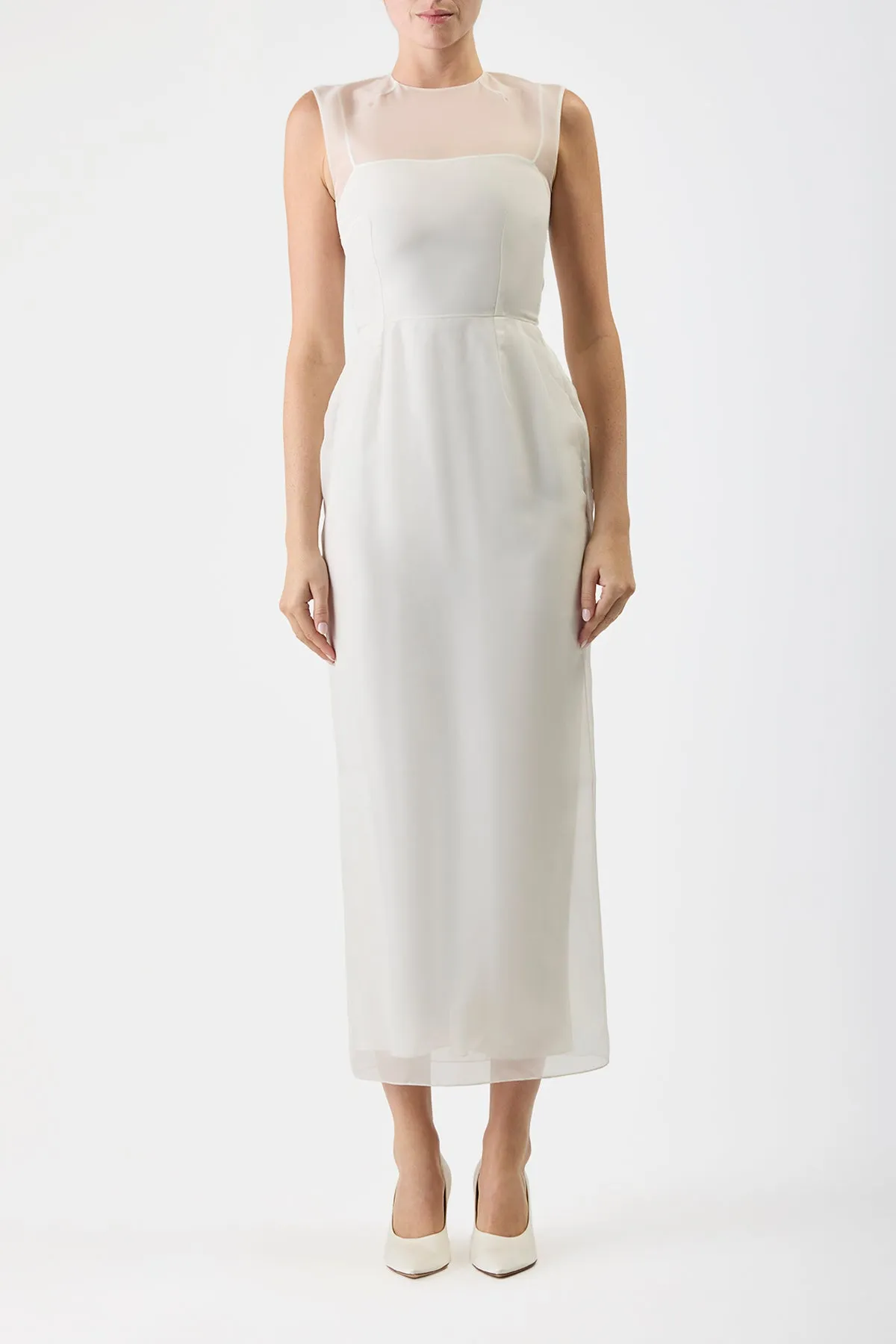 Maslow Sheer Maxi Dress with Slip in Ivory Silk Organza Desert Heat Sunset Scene
