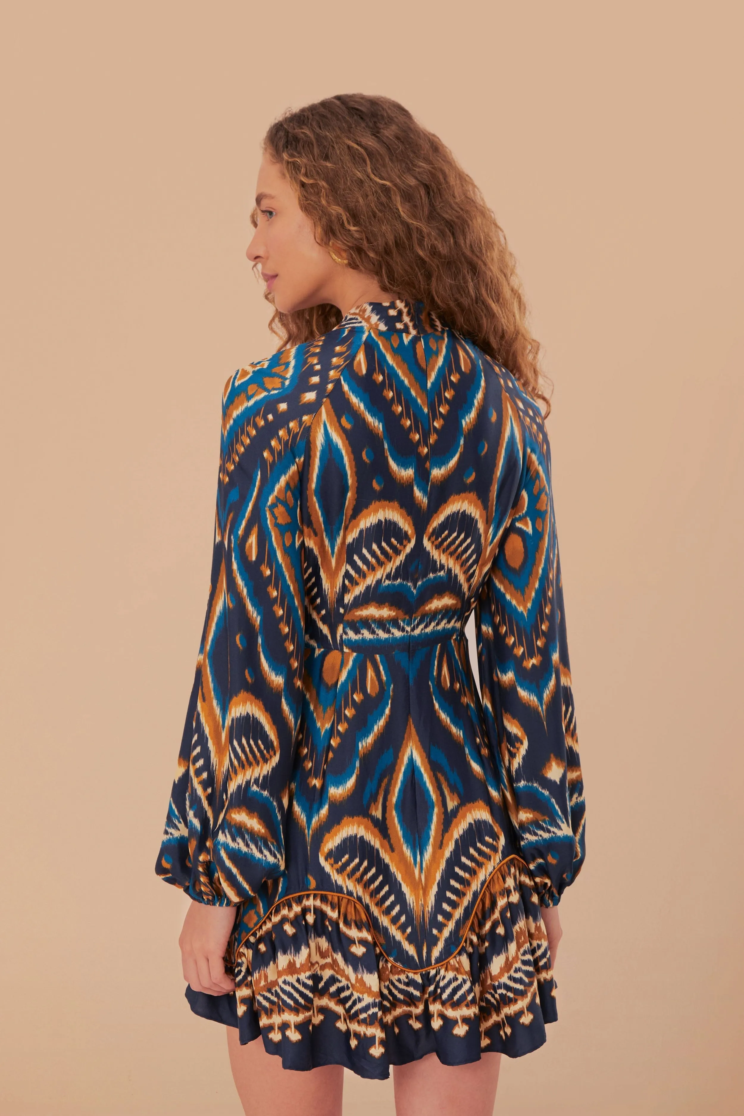 Vibrant Design Club Warm Blue Pineapple Ikat LENZING? ECOVERO? Viscose Mini Dress