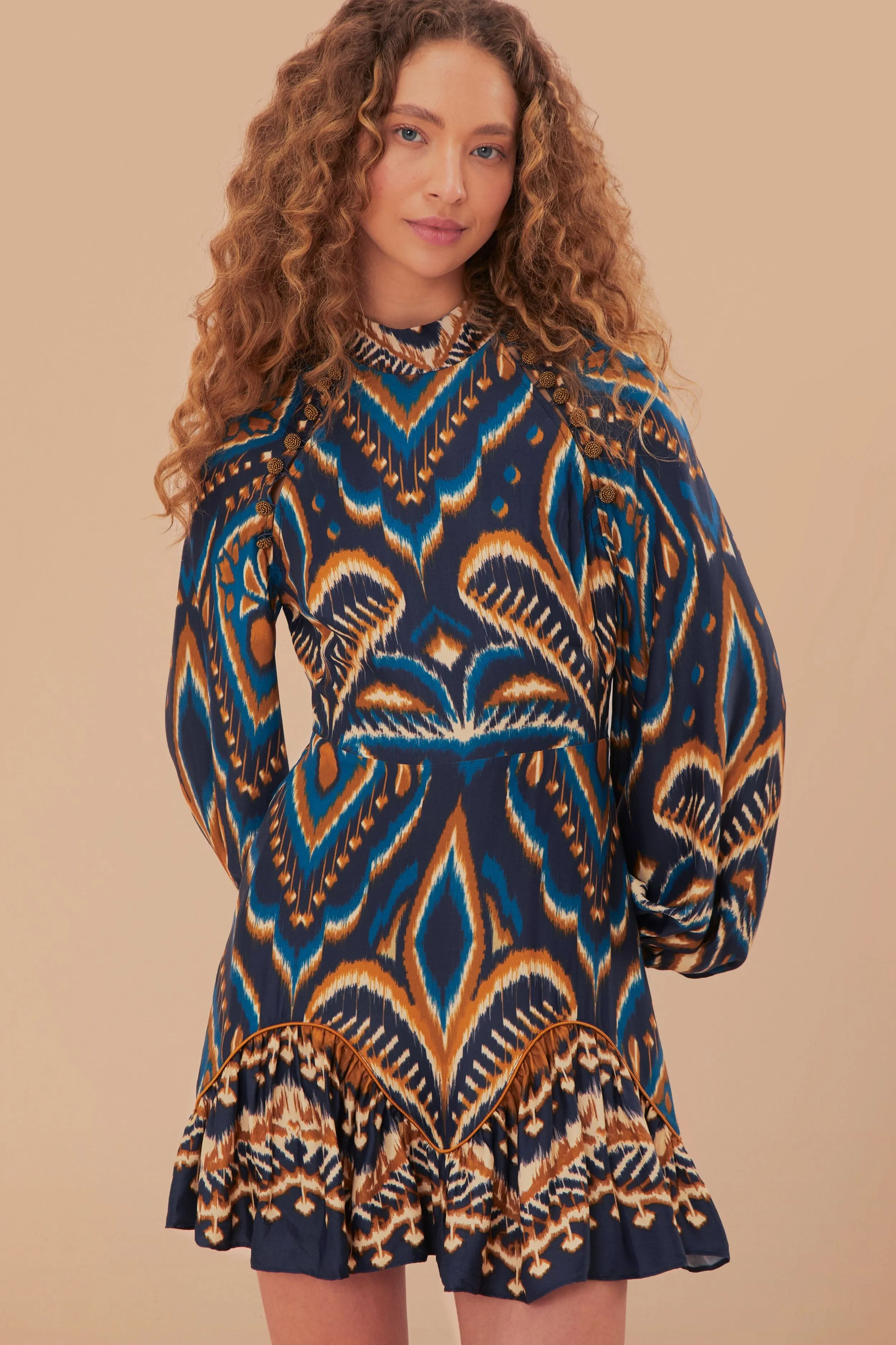 Blue Pineapple Ikat LENZING? ECOVERO? Viscose Mini Dress Bohemian Chic Timeless Fashion