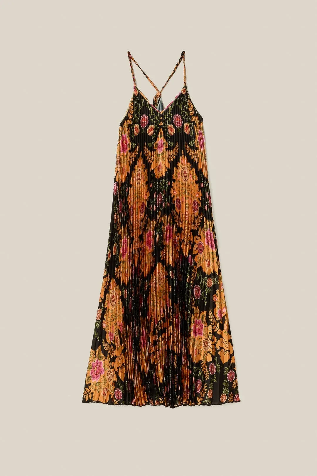 Soft Ray Black Arabesque Floral Pleated Midi Dress