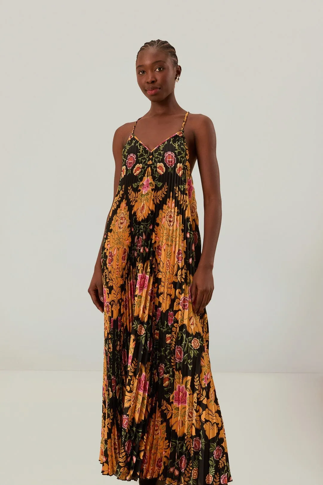 Dew Drop Black Arabesque Floral Pleated Midi Dress