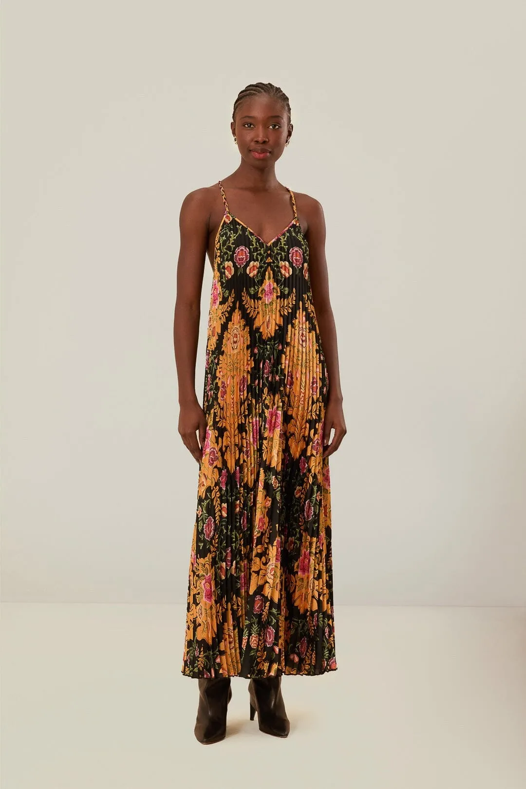 Metro Stop french chic Black Arabesque Floral Pleated Midi Dress