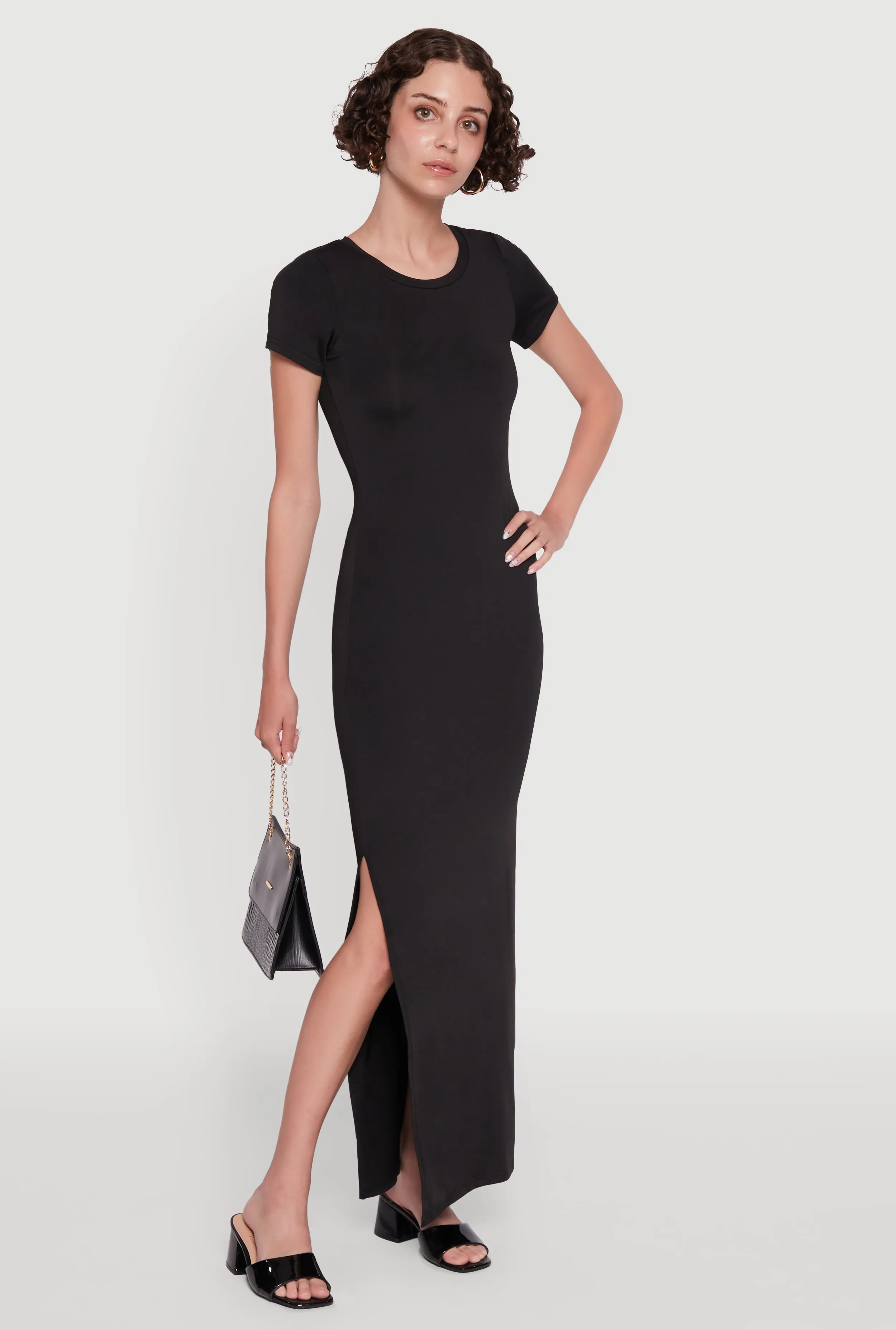 Brick Glow Soft draping maxi Daisy Crew Neck Side Slit T Shirt Dress