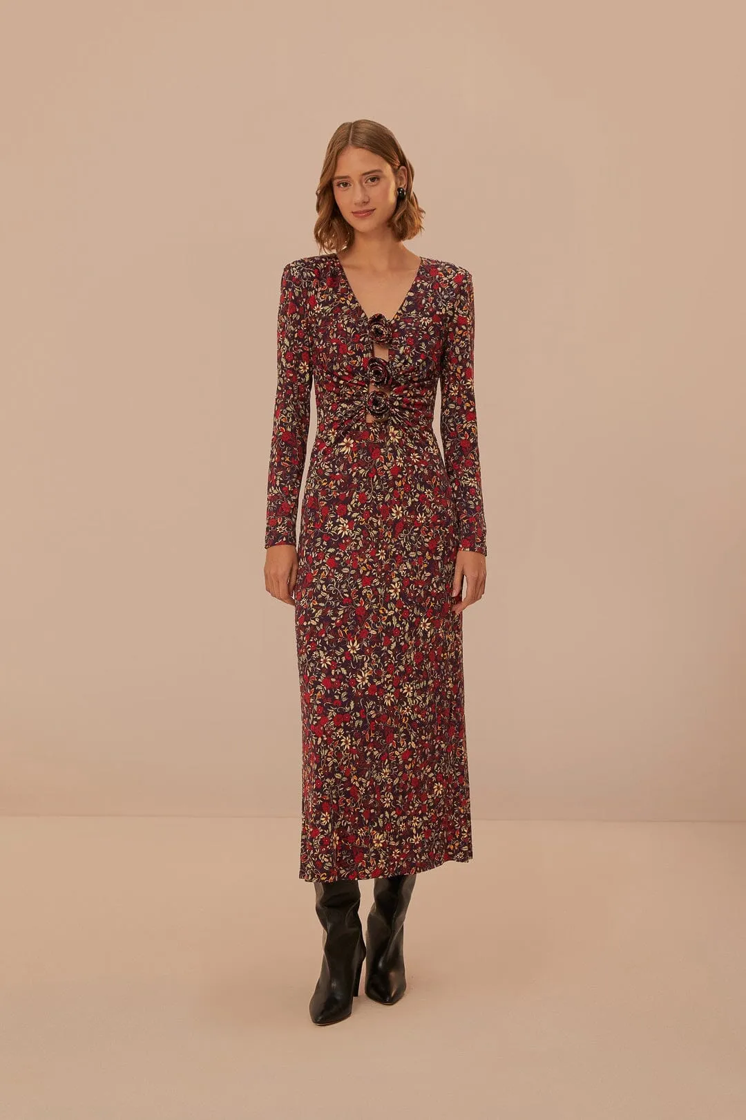 Long Sleeve Purple Chelsea Garden Flowers Knot Maxi Dress
