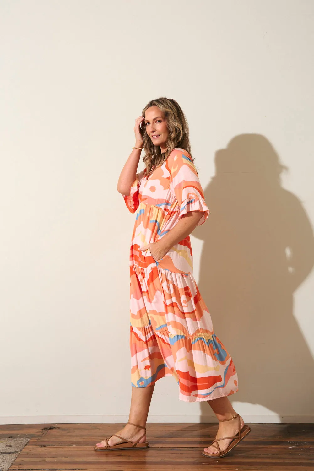 Quiet Shore Palm Shade Sabrina Tiered Dress in Solene Orange