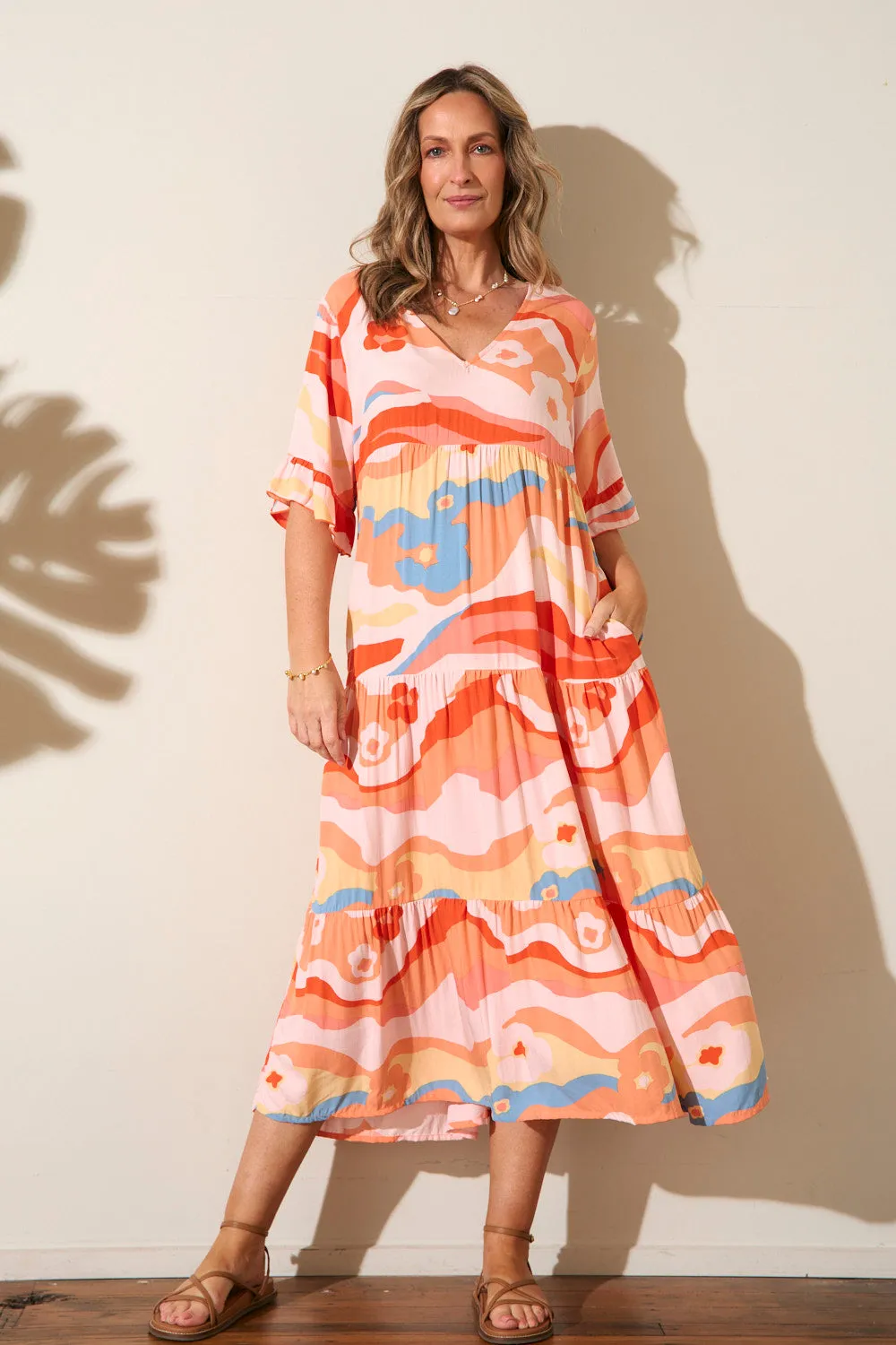 Dusty Rose Sun Heat Sabrina Tiered Dress in Solene Orange