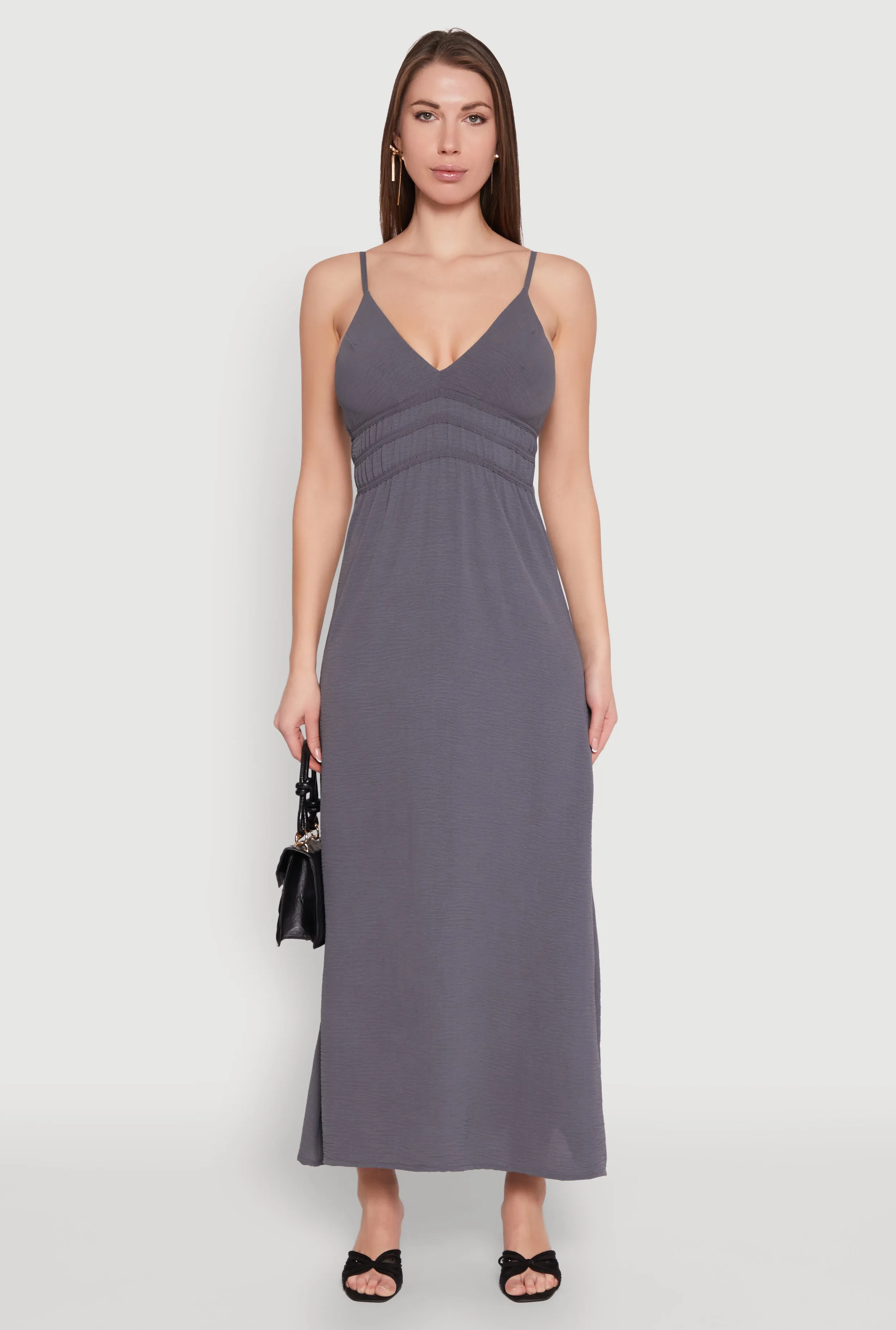 V Neck Empire Waist Maxi Dress Long Sleeve