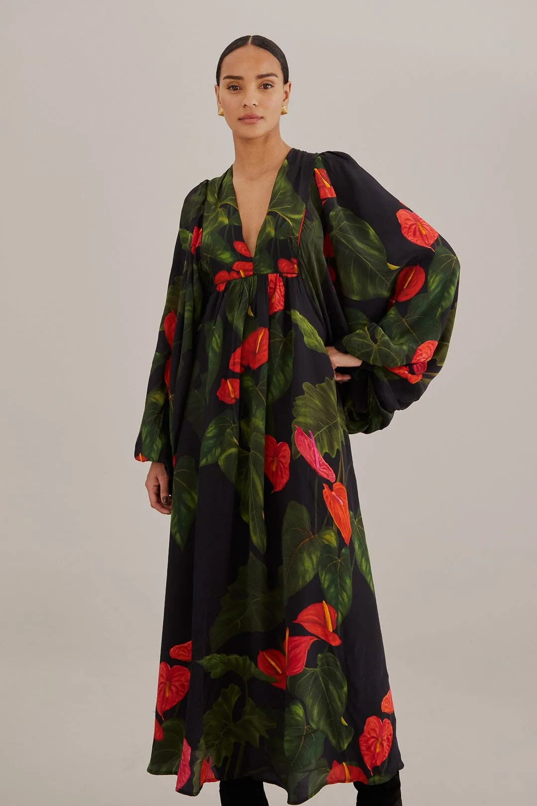 Black Anthurium V Neck Maxi Dress Luxurious long dress