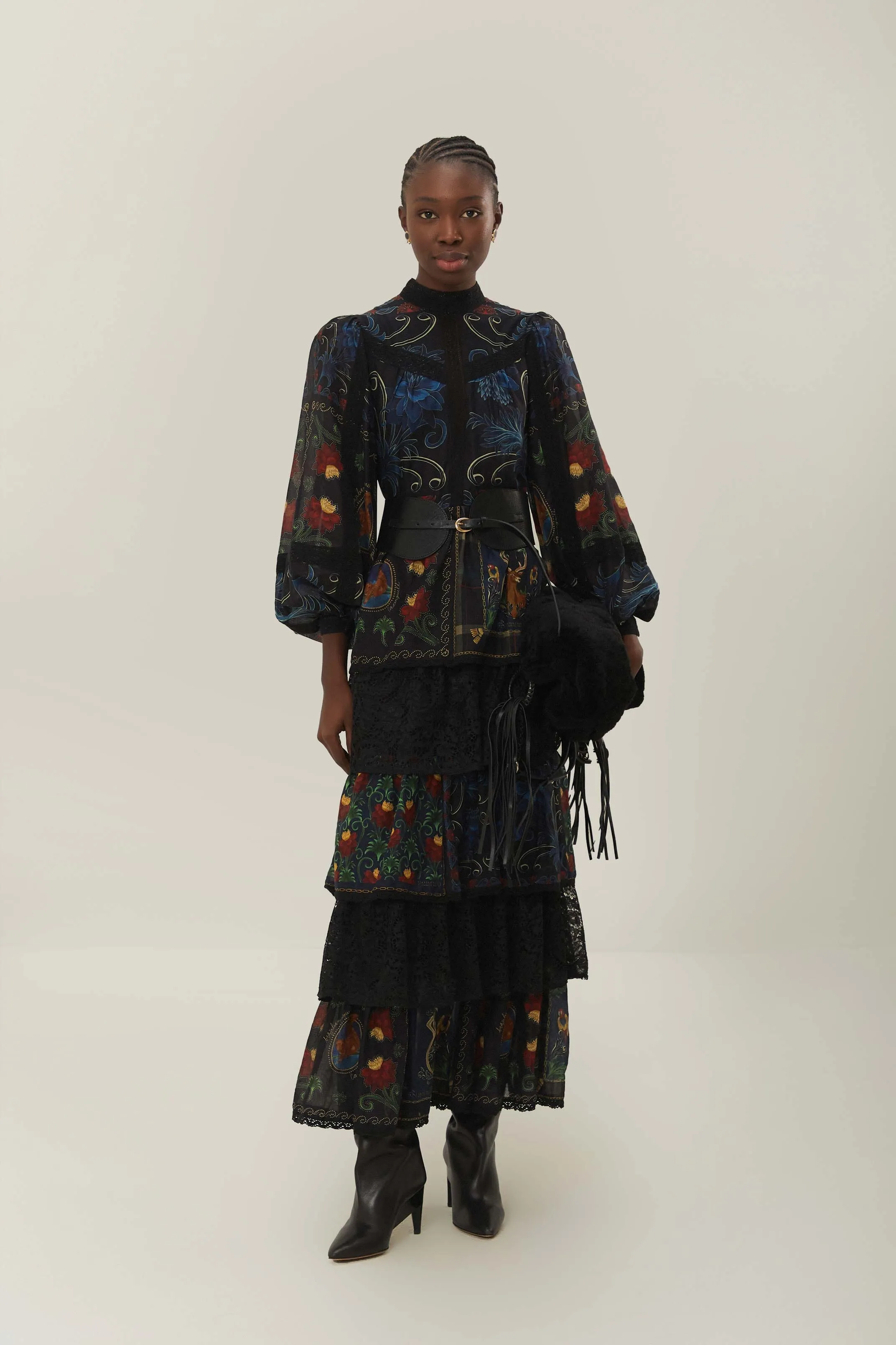 Black Mixed Arabesque Scarves Long Sleeve Maxi Dress The elegant design of this maxi dress adds a refined touch to your wardrobe without being overly complicated