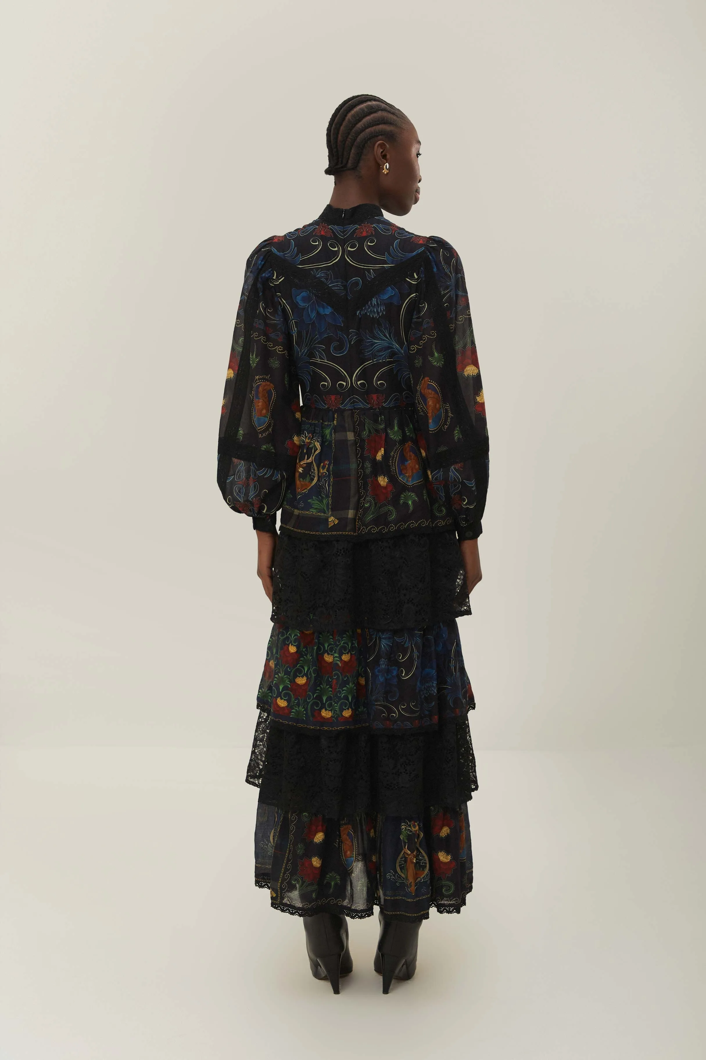 Brick Path Agate Glow Black Mixed Arabesque Scarves Long Sleeve Maxi Dress