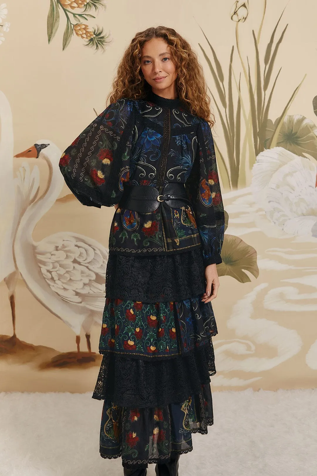 Black Mixed Arabesque Scarves Long Sleeve Maxi Dress Fold Art Sunlit Path