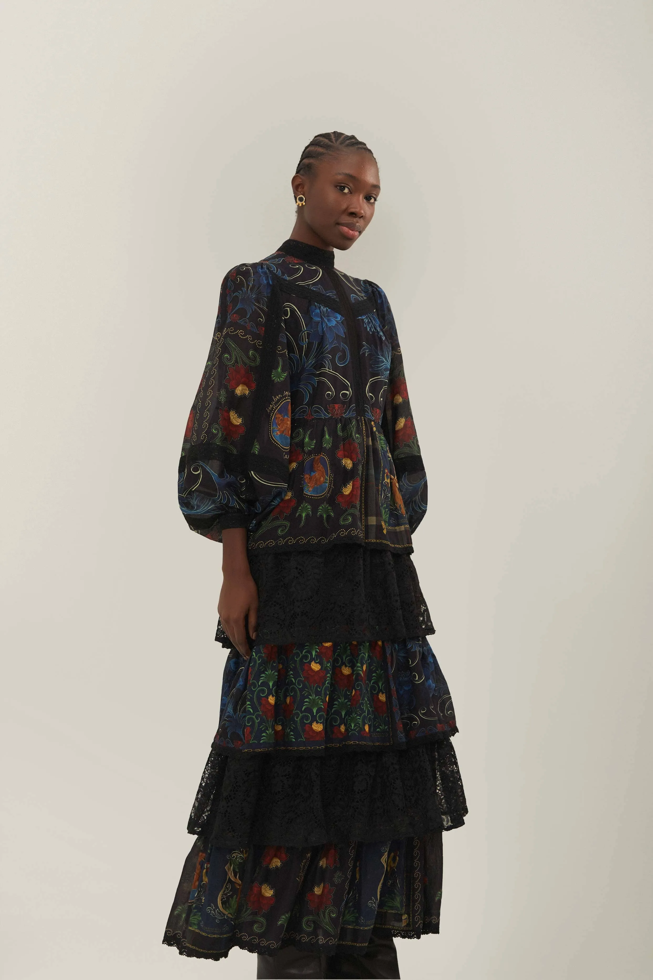 Black Mixed Arabesque Scarves Long Sleeve Maxi Dress Breezy resort wear Long Sleeve