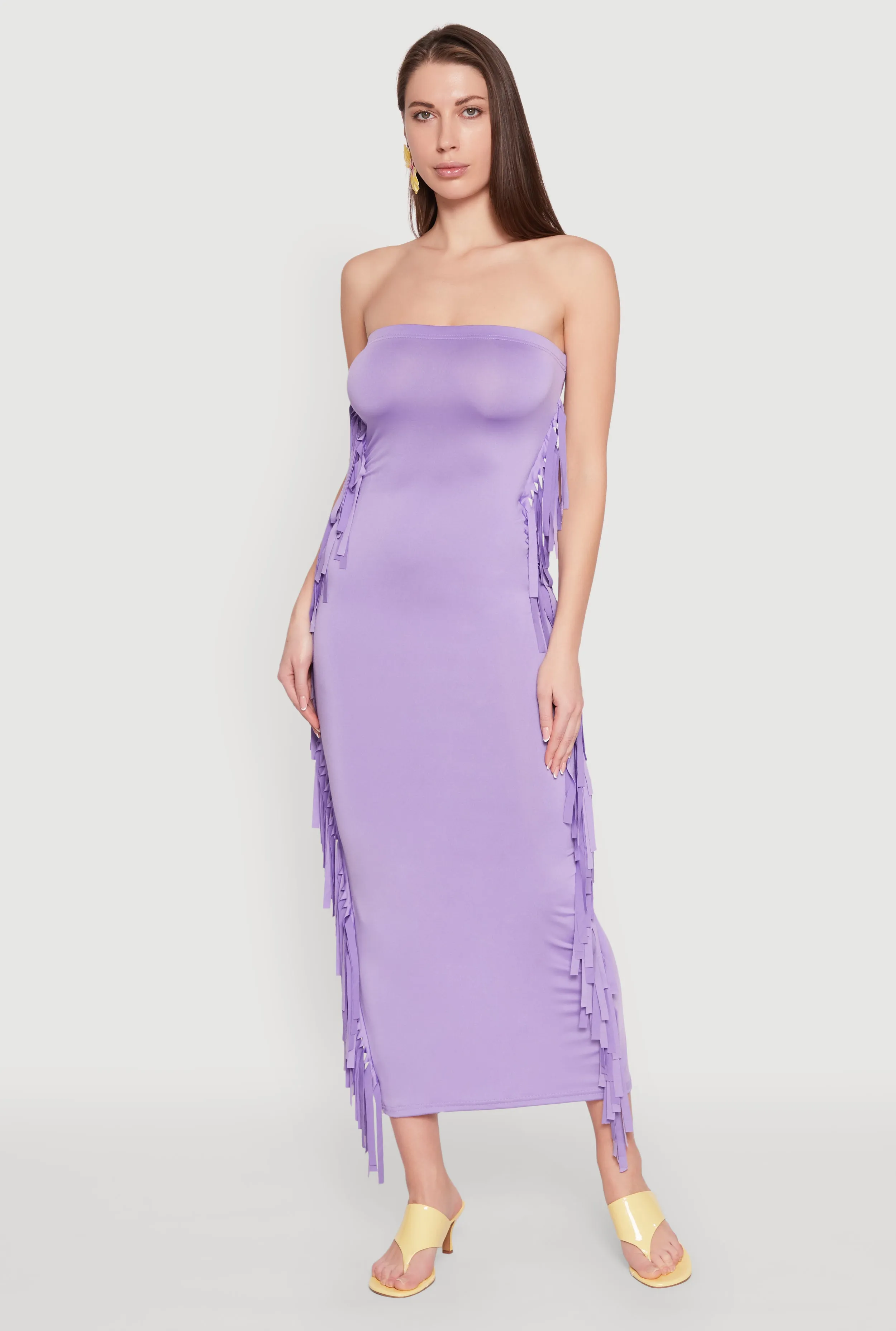 Side Fringe Maxi Tube Dress Pastel tone The flattering cut of this dress creates a polished appearance without being overly fussy