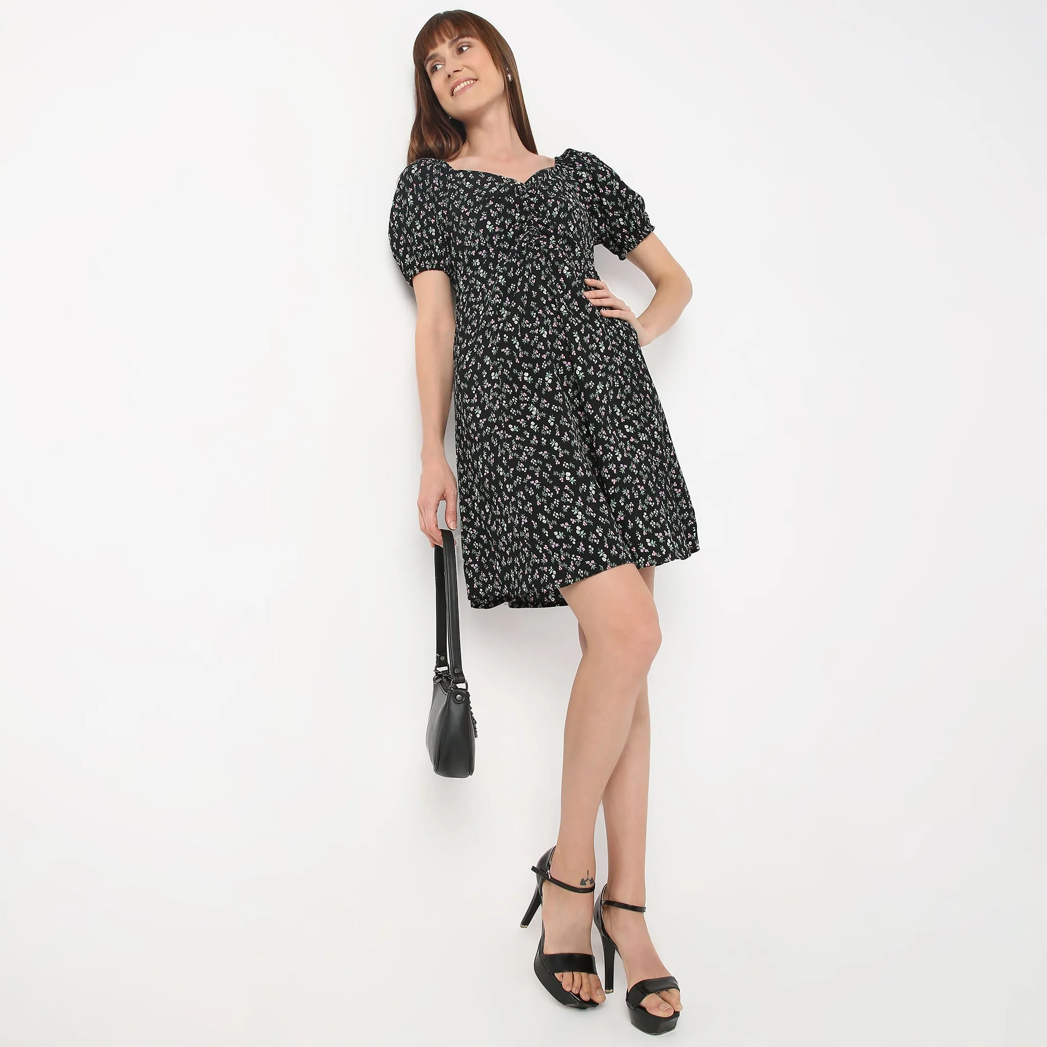 Sweetheart Neck Above Knee Flared Sleeve Flare Fit Floral Print Betty Dress UVProtectionCloth