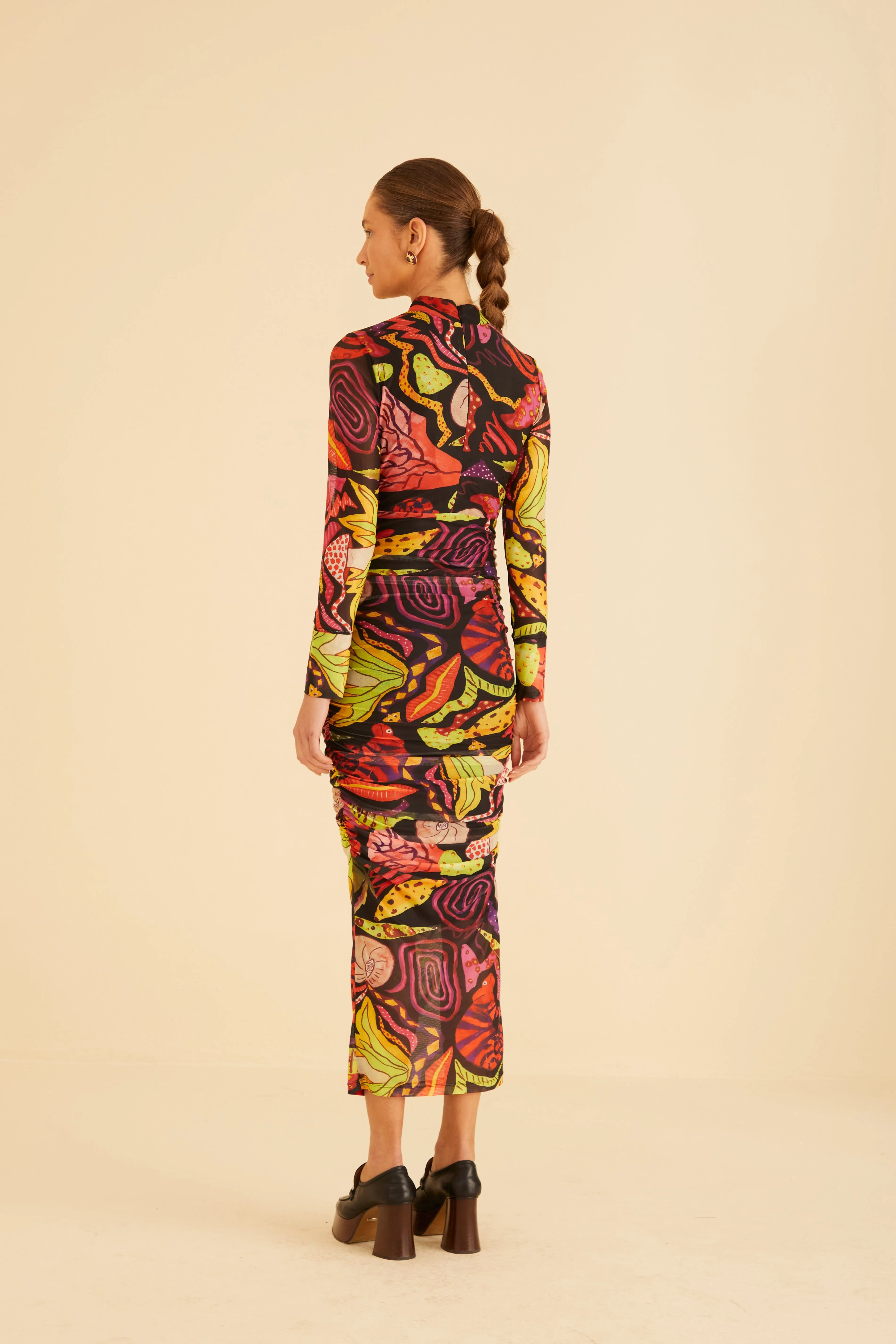 Black Psychedelic Garden Tulle Midi Dress summer breeze