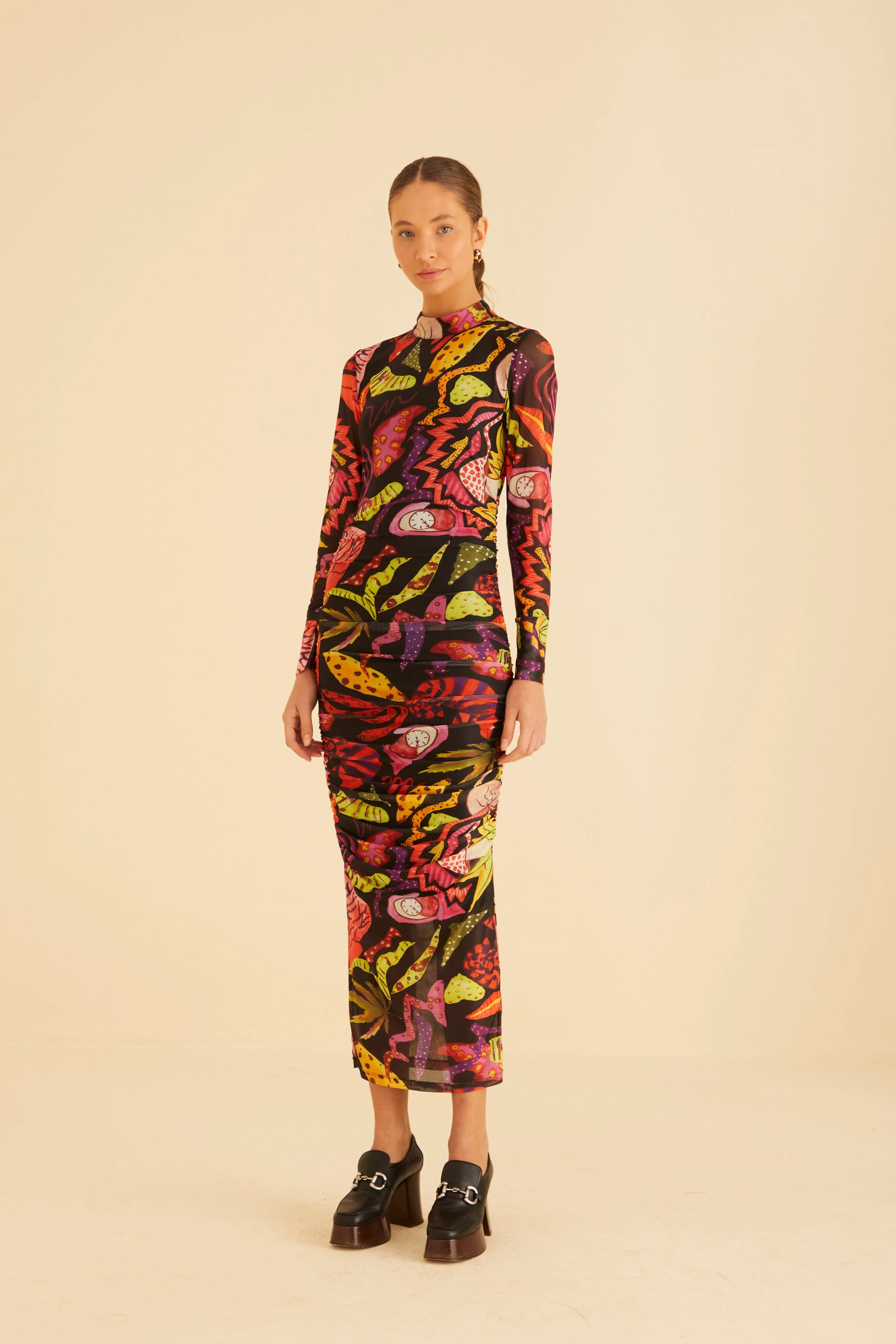 Work Attire Tall Frame Black Psychedelic Garden Tulle Midi Dress