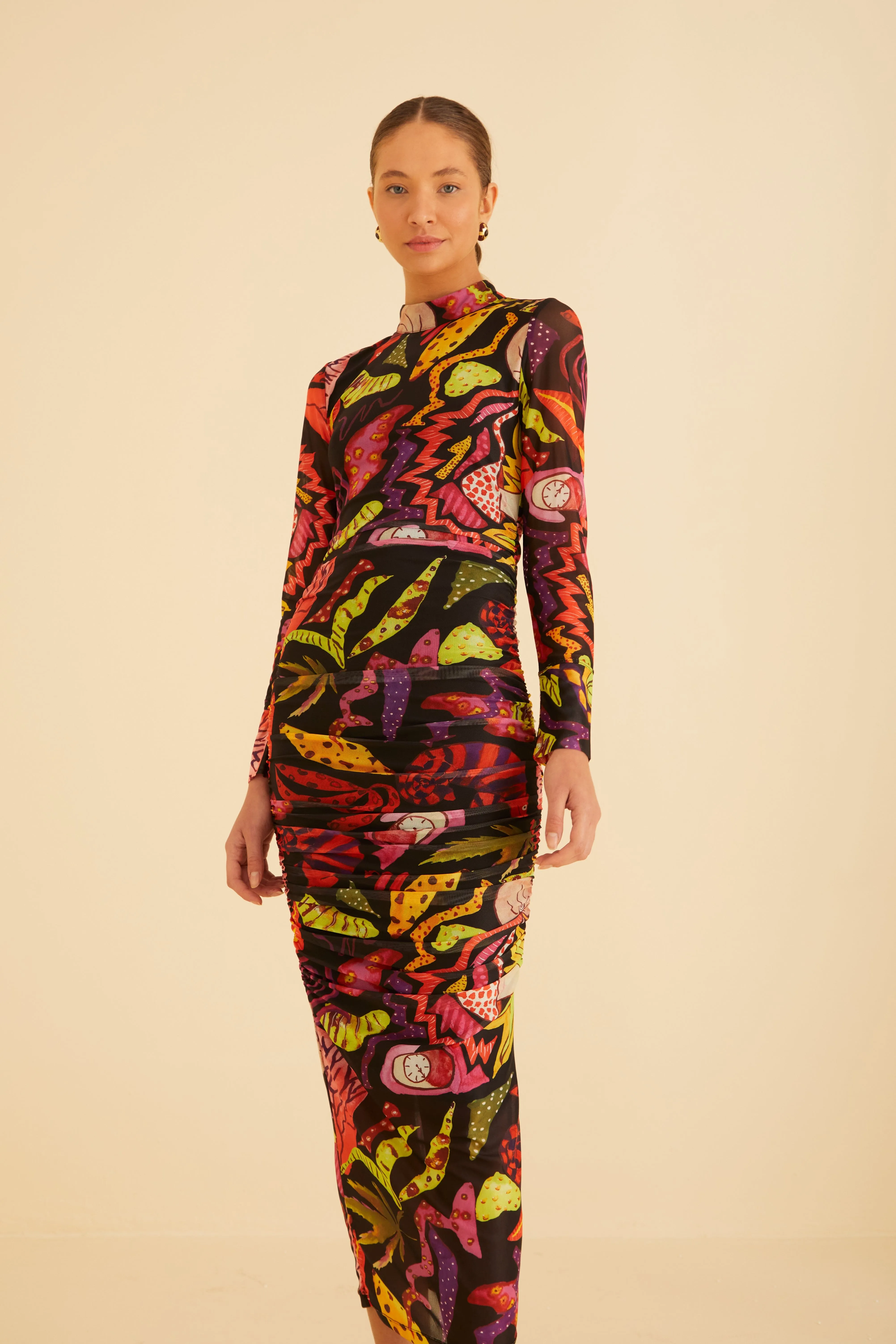 All Season Style City Mood Black Psychedelic Garden Tulle Midi Dress