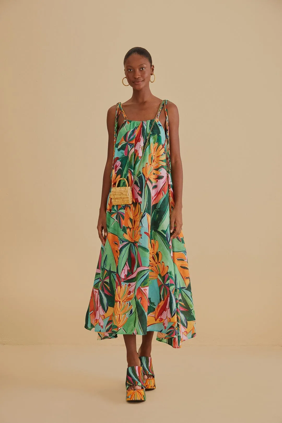 Feminine Appeal Multicolor Banana Foliage Sleeveless Midi Dress