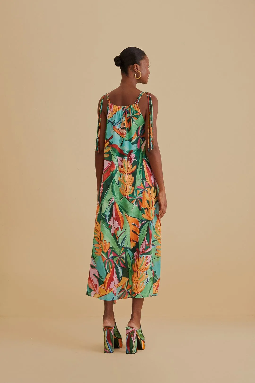 Multicolor Banana Foliage Sleeveless Midi Dress slow life
