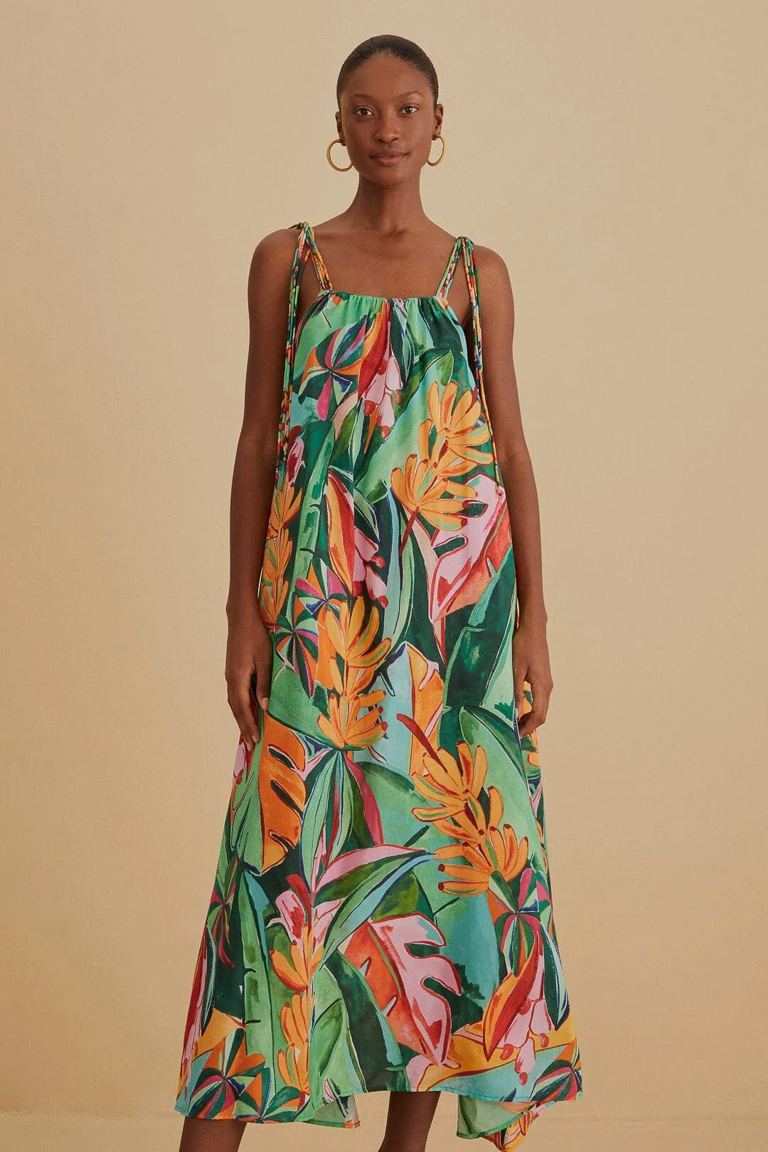 Feminine Charm River Side Multicolor Banana Foliage Sleeveless Midi Dress