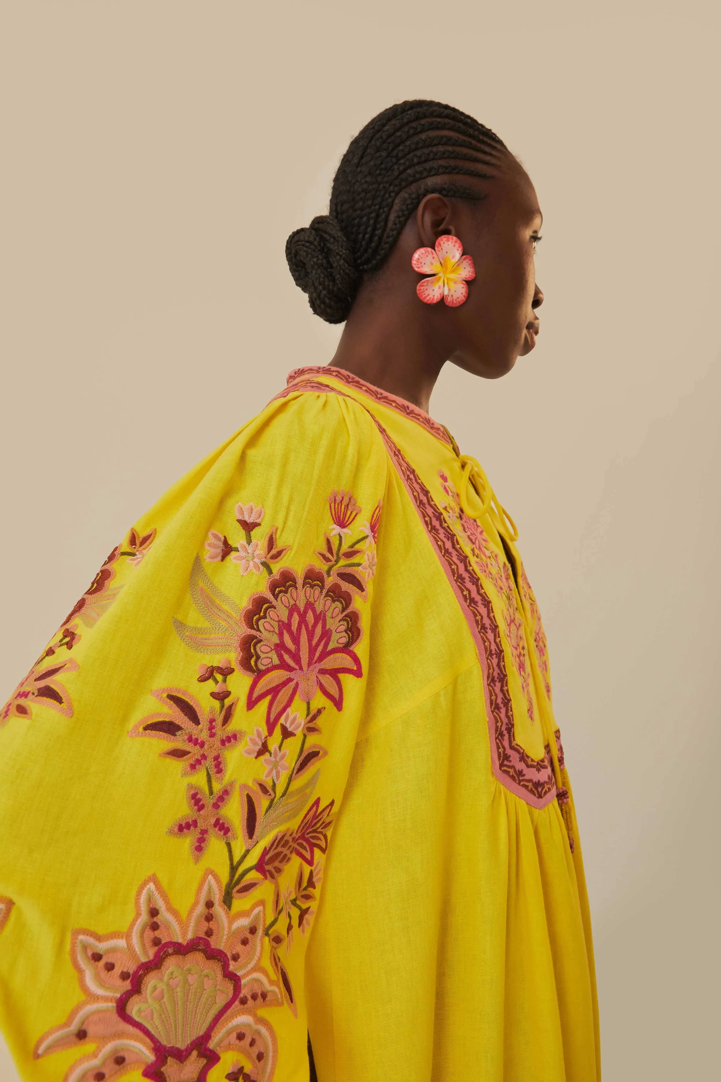 Easy Fashion Yellow Embroidered Garden Tapestry Midi Dress