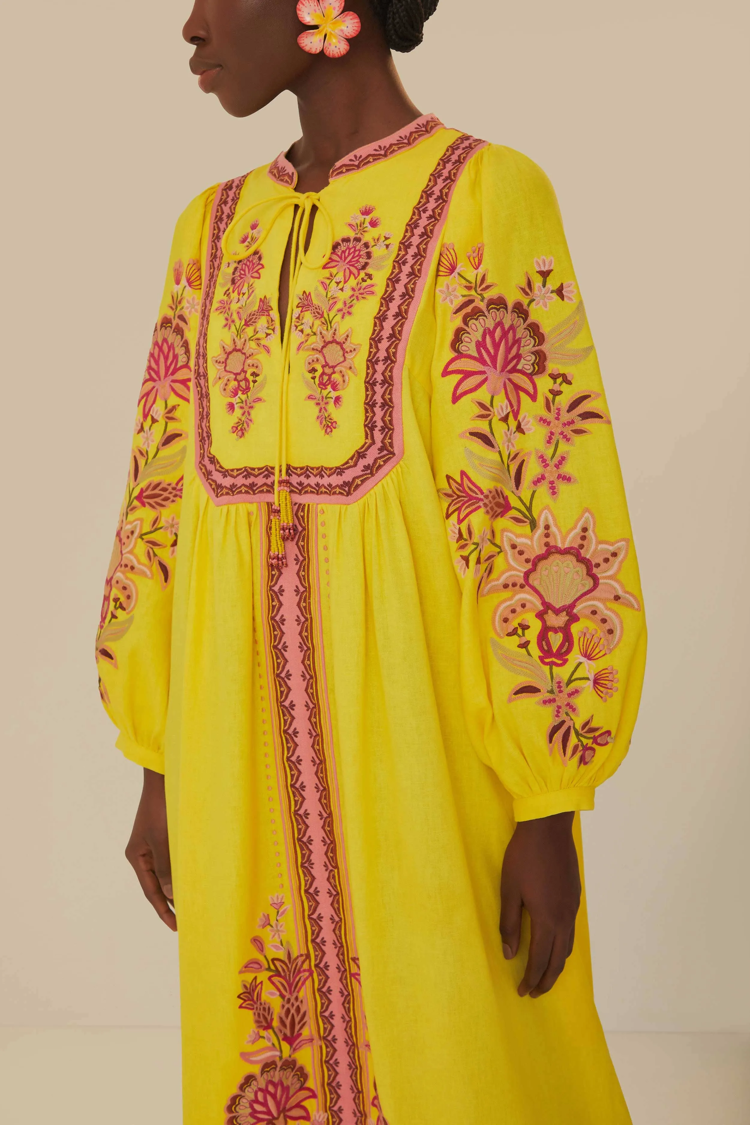 Yellow Embroidered Garden Tapestry Midi Dress Minimalist mid-calf dress