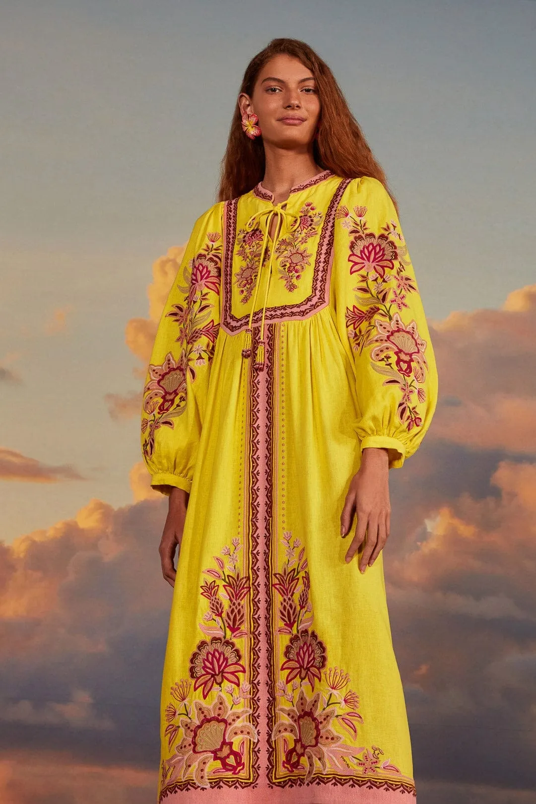 Copper Glow Work Attire Yellow Embroidered Garden Tapestry Midi Dress