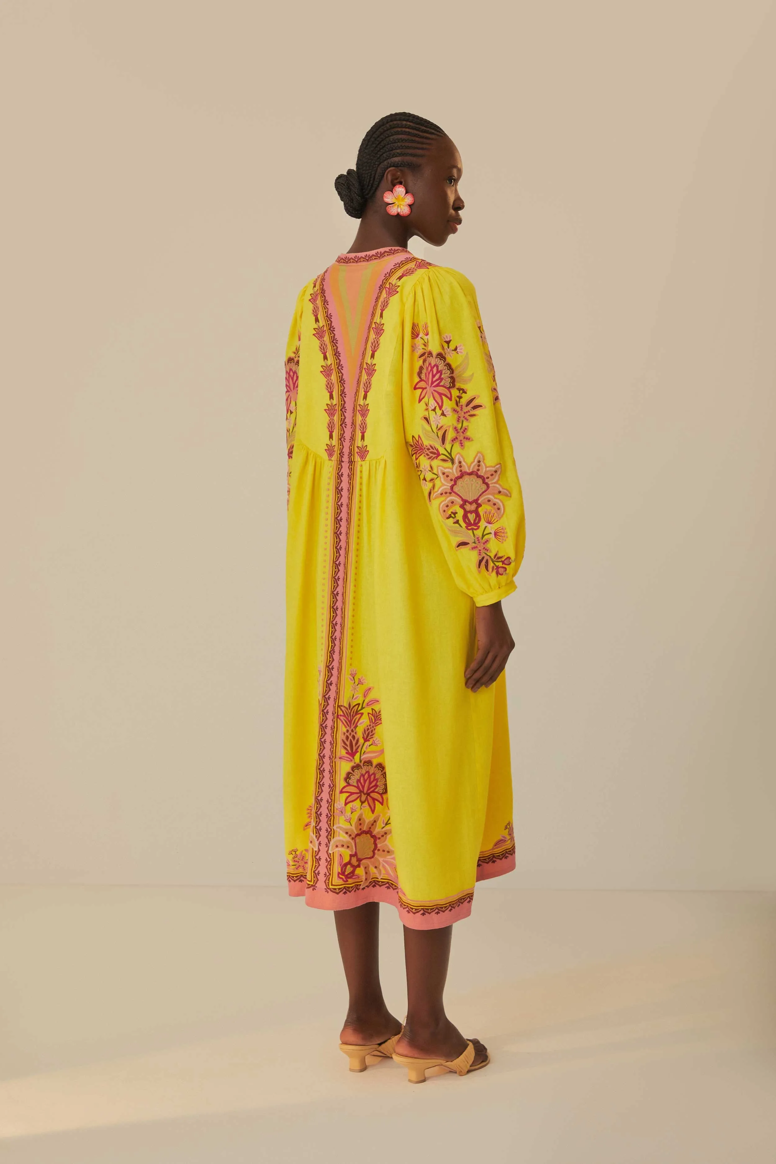 Fresh Shore Yellow Embroidered Garden Tapestry Midi Dress
