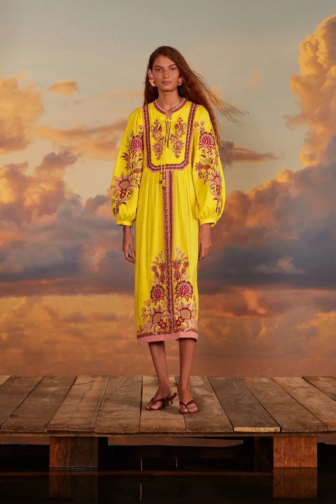 Italian Flair Wave Touch Yellow Embroidered Garden Tapestry Midi Dress