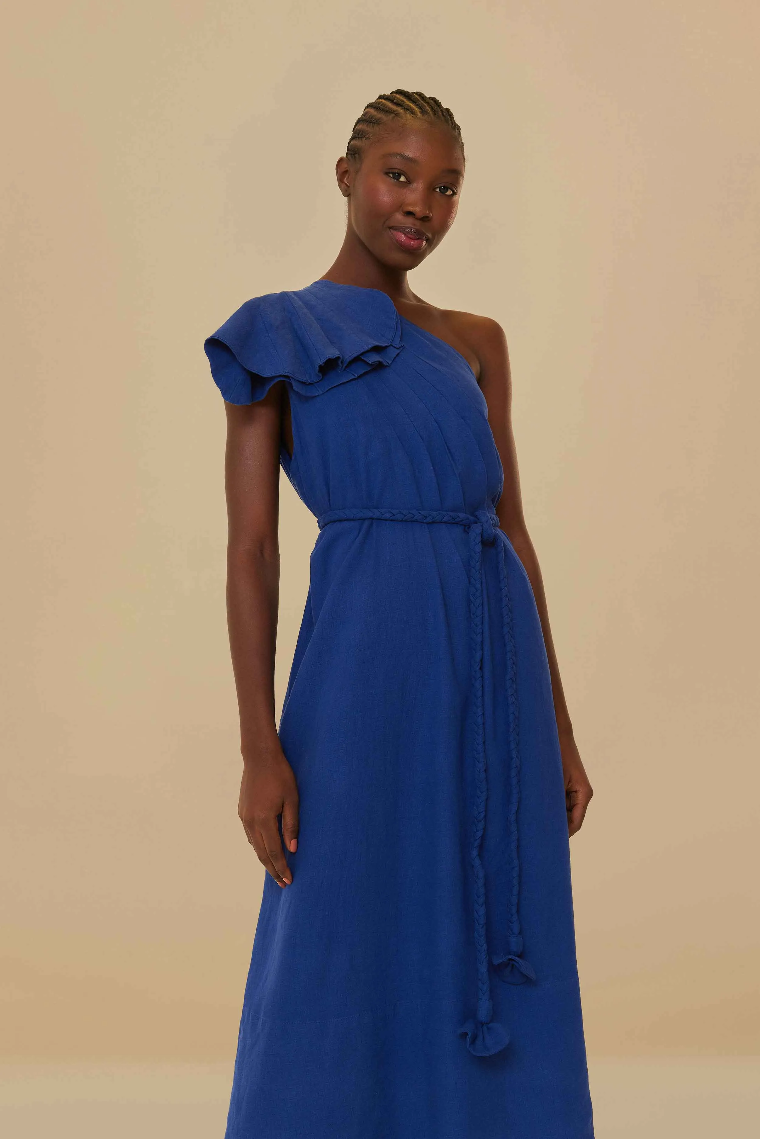Navy Blue One Shoulder Leaf Lenzing? Ecovero? Euroflax? Maxi Dress feminine grace