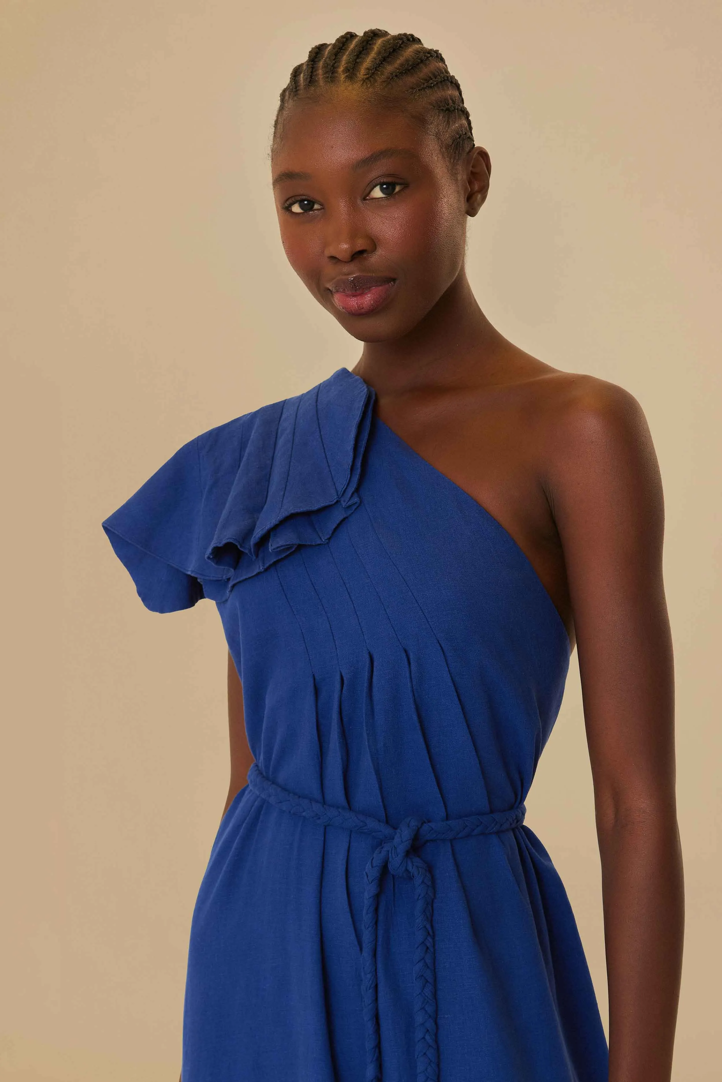 Effortless vacation dress Wood Path Navy Blue One Shoulder Leaf Lenzing? Ecovero? Euroflax? Maxi Dress