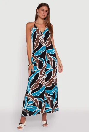 Tropical Leaf Print Rope Strap Halter Maxi Dress Air Glow
