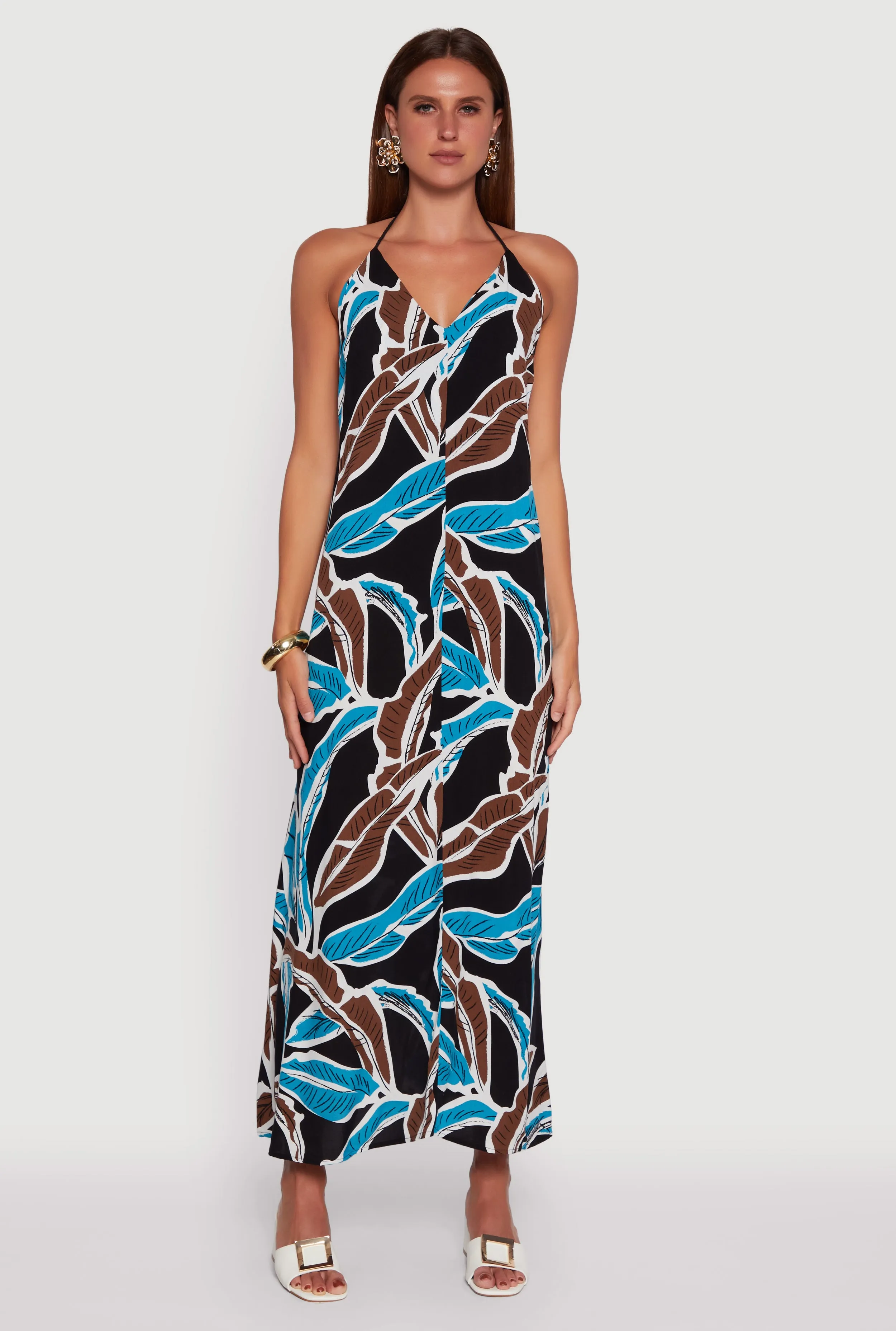 Tropical Leaf Print Rope Strap Halter Maxi Dress Harbor View