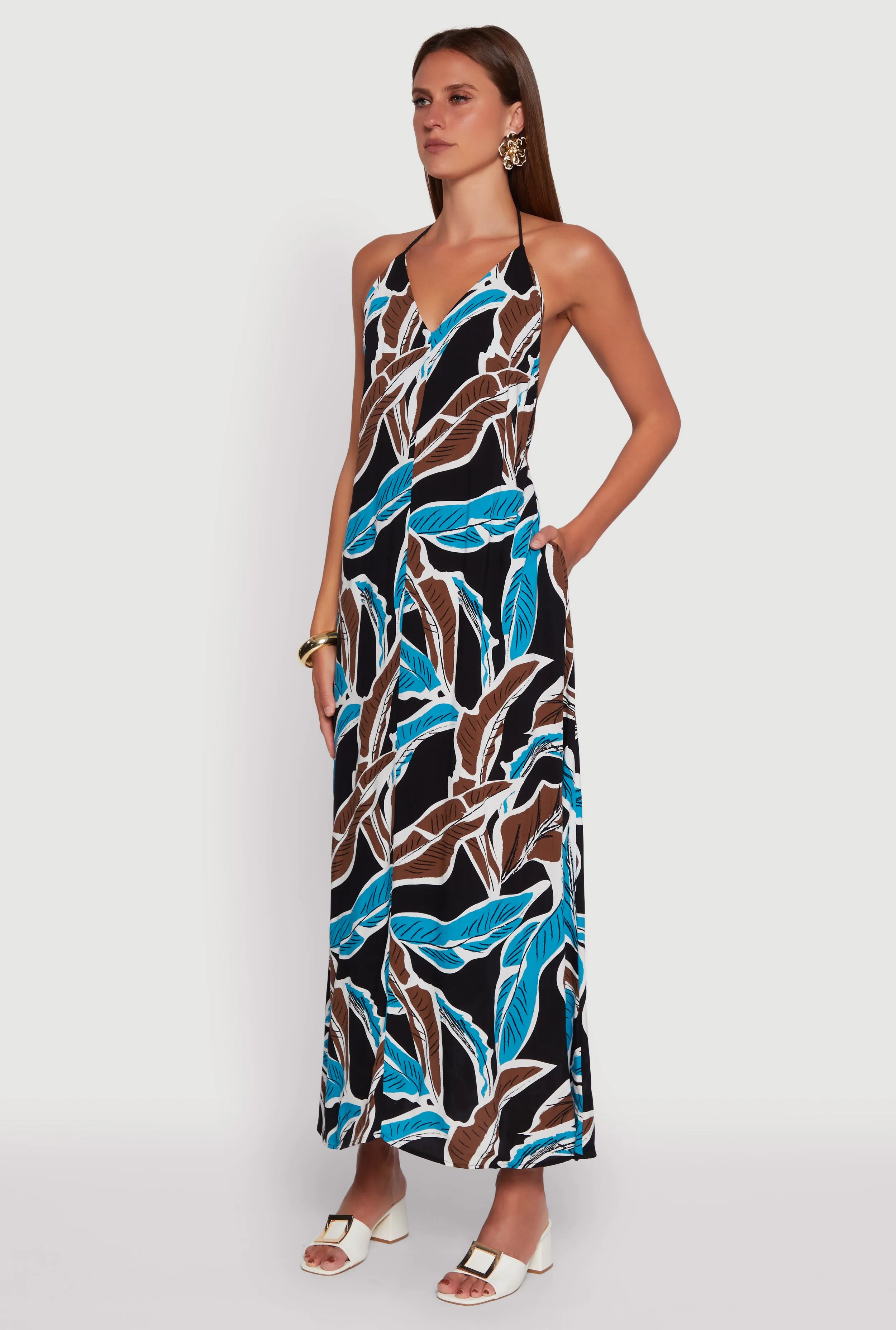Tropical Leaf Print Rope Strap Halter Maxi Dress Fold Art Evening party maxi