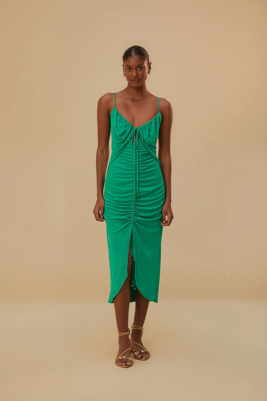 Relaxed fit knee-length piece Green Cut-Out Sleeveless Midi Dress