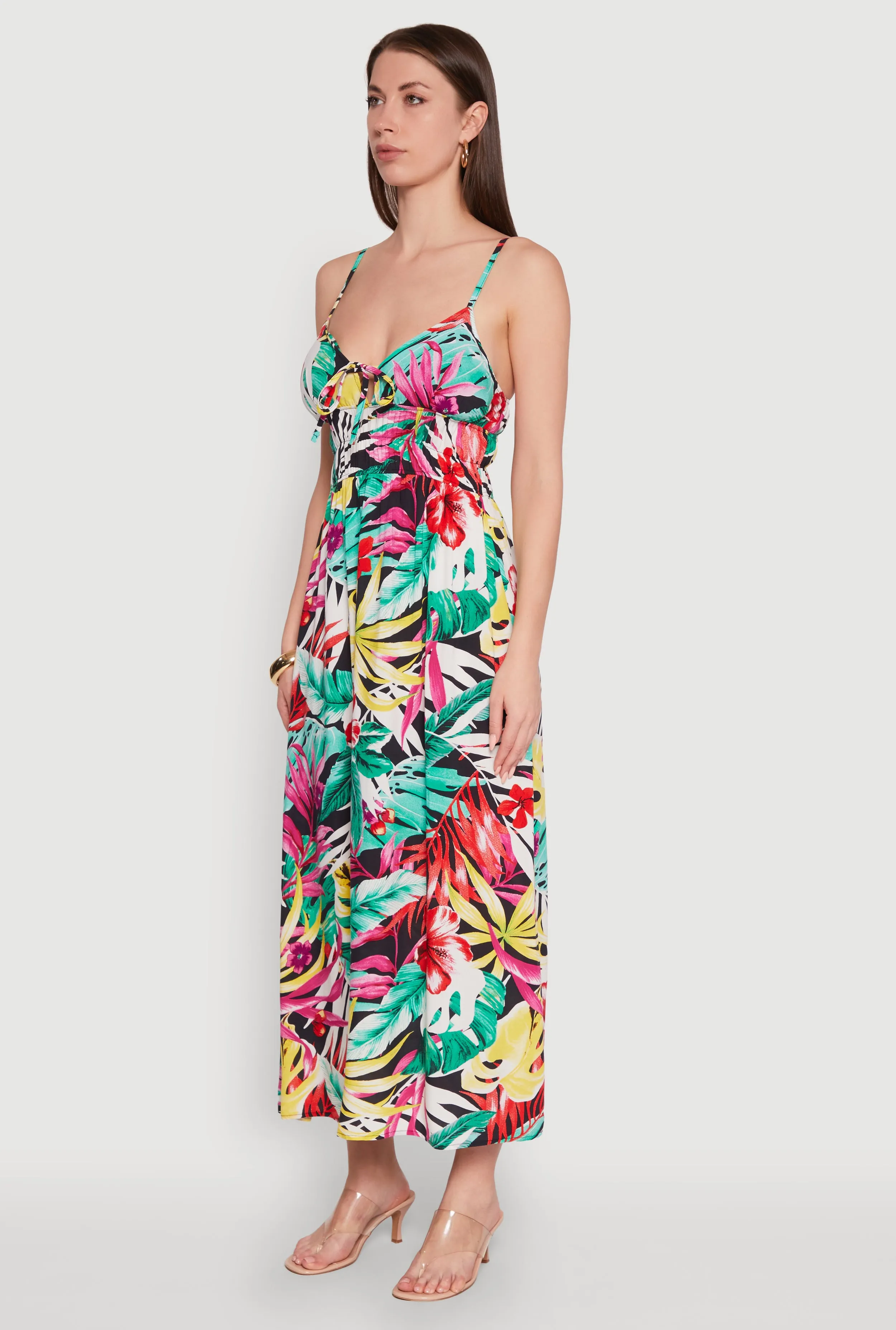 Leaf Print Sleeveless Empire Waist Dress Wool Glow
