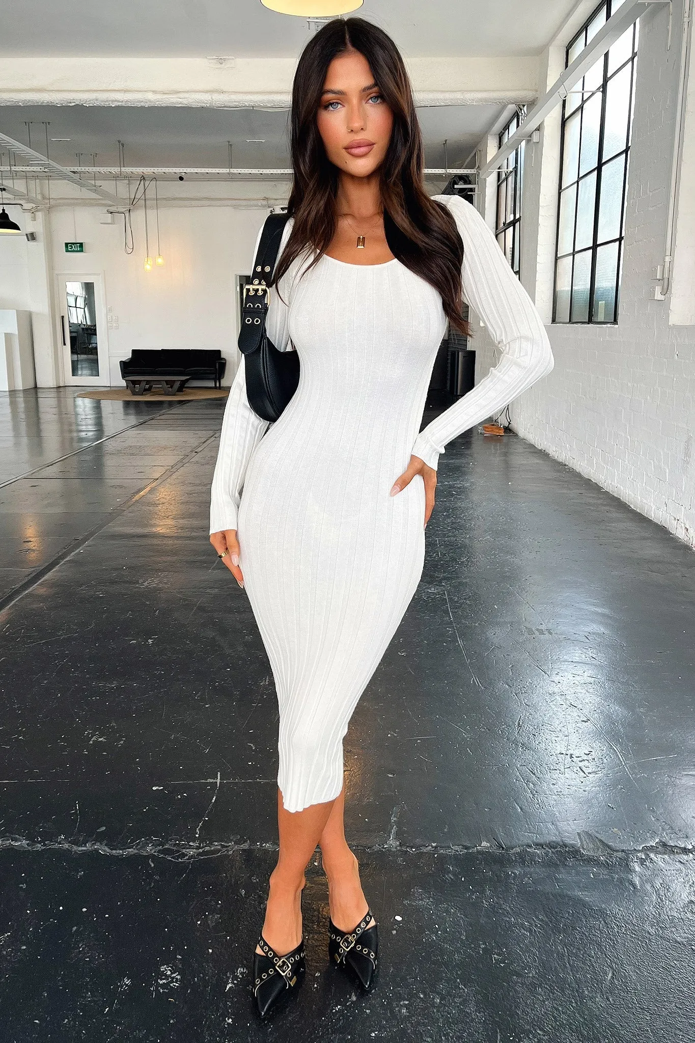 Train Gate Trendy Style Reerdon Long Sleeve Midi Dress - Cream