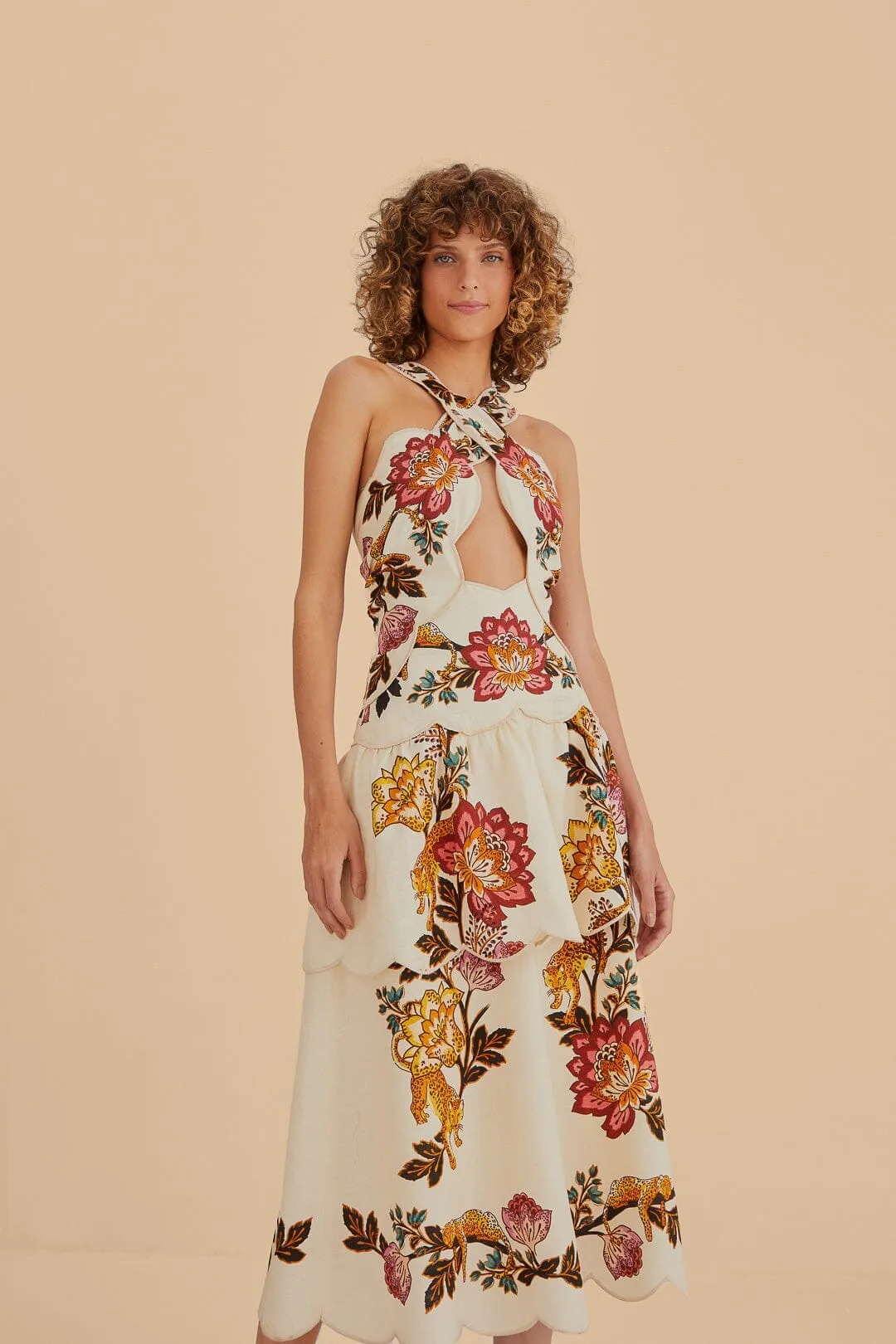 Sand Leopard Flowers Cut Out Midi Dress Smart Chic Shell Path