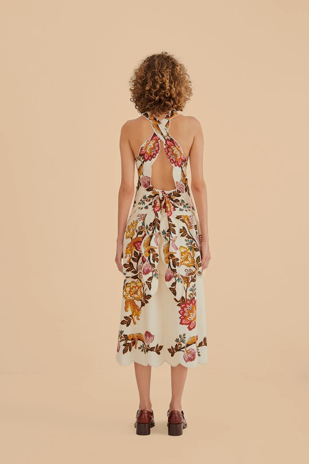 Music Hall Sand Leopard Flowers Cut Out Midi Dress