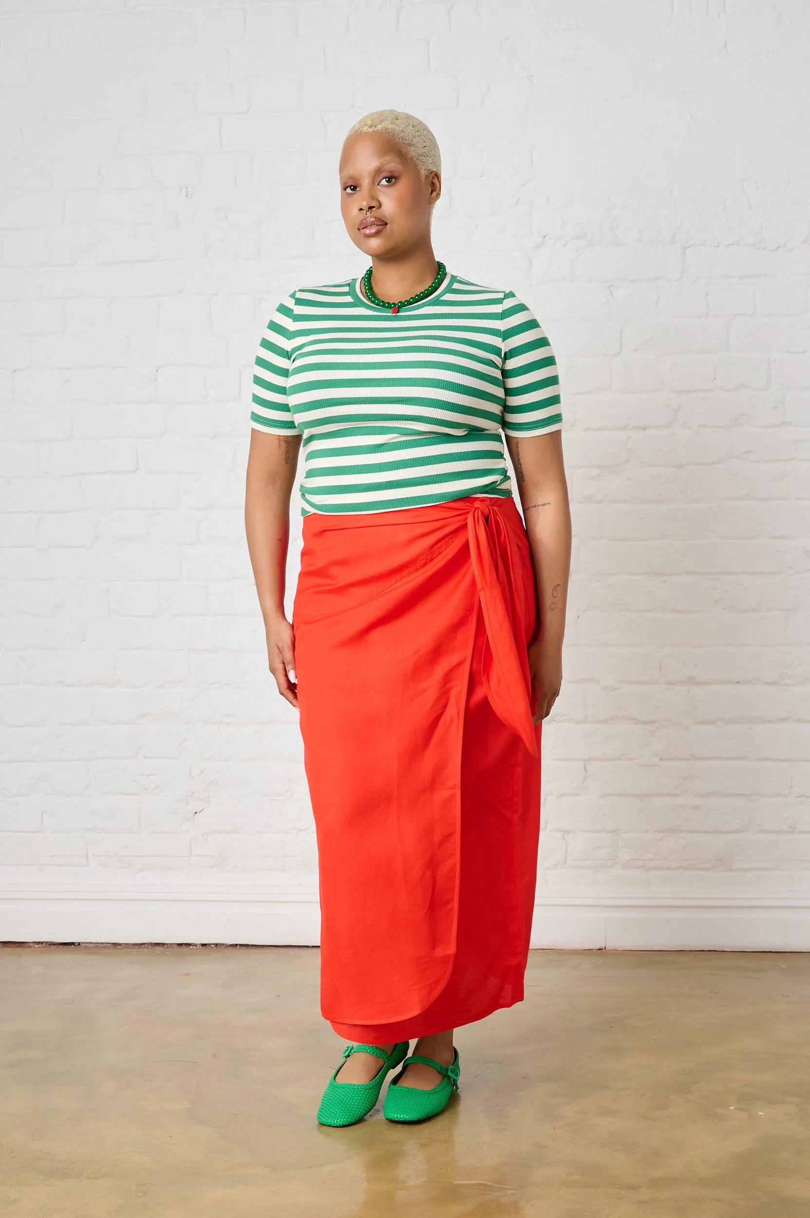 Linen Wrap Skirt in Coral Smooth Finish Removable Belt