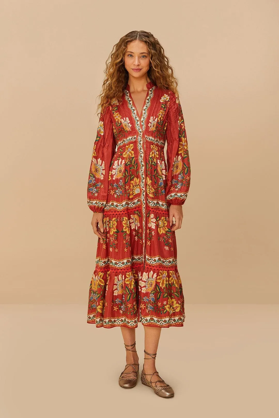 Red Garden Delight Long Sleeve Midi Dress Go Light Fashionable knee-length piece