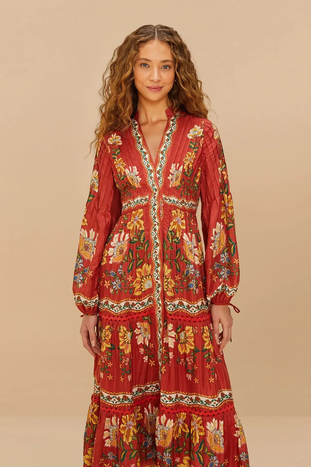 Red Garden Delight Long Sleeve Midi Dress Sleek And Stylish