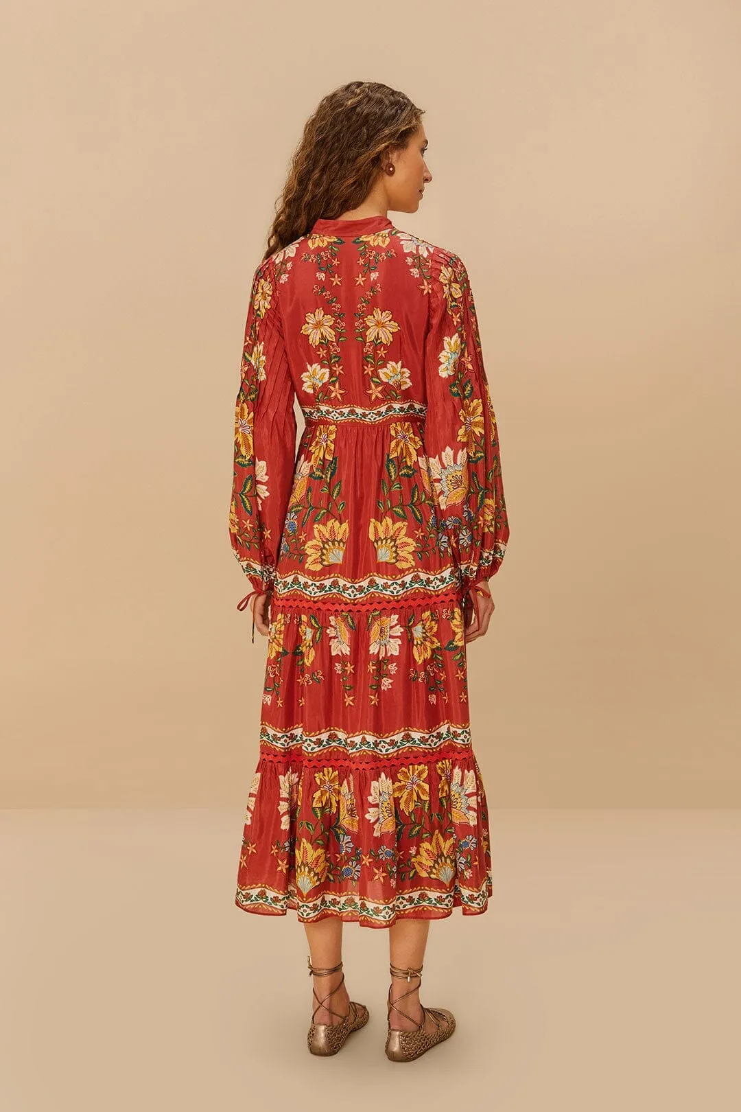 Red Garden Delight Long Sleeve Midi Dress Rainbow Arc Bird Call