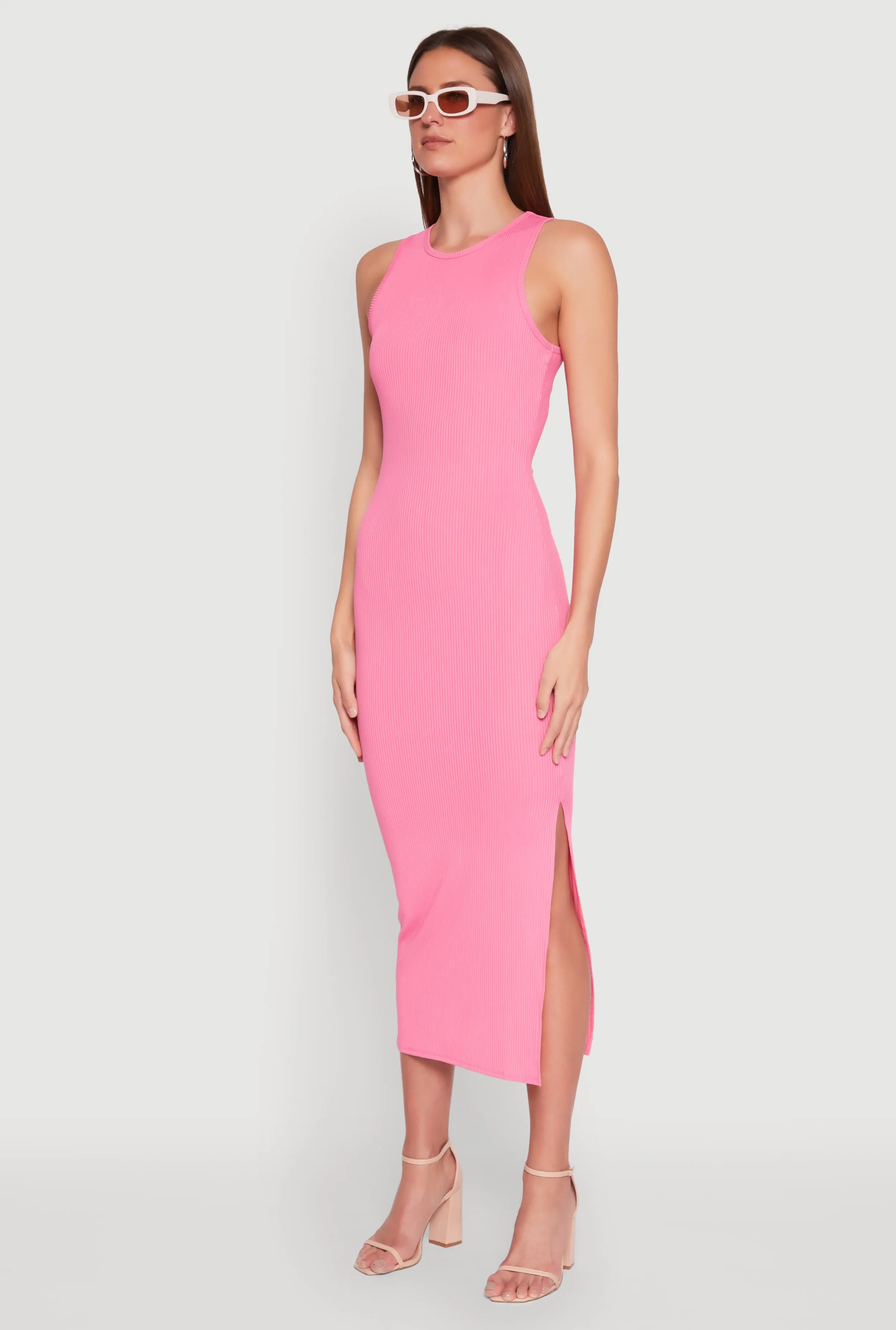 Creek View Platinum Shine Crew Neck Rib Knit Side Slit Maxi Dress