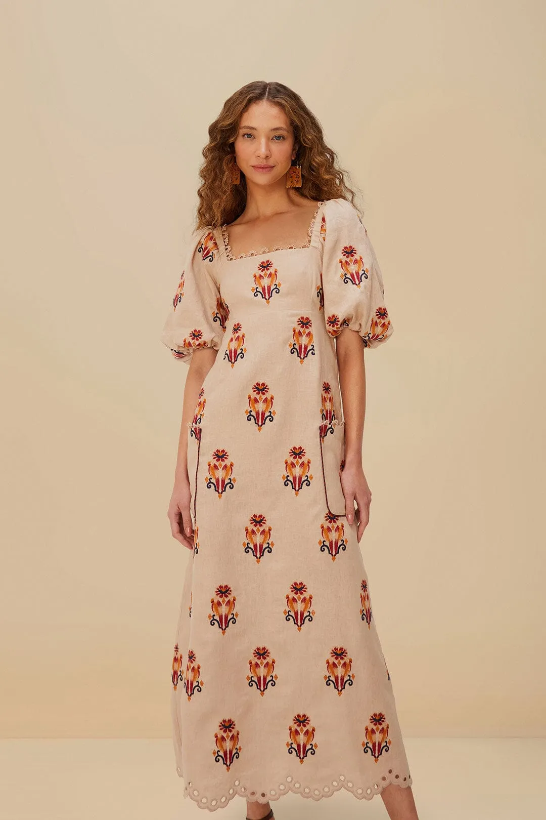 Rose Embroidered Macaw Euroflax? Premium Linen Maxi Dress Lantern Glow